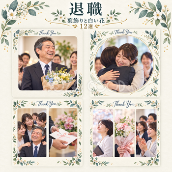 退職写真フレーム12選｜葉飾りと白い花の無料イラスト素材 101486