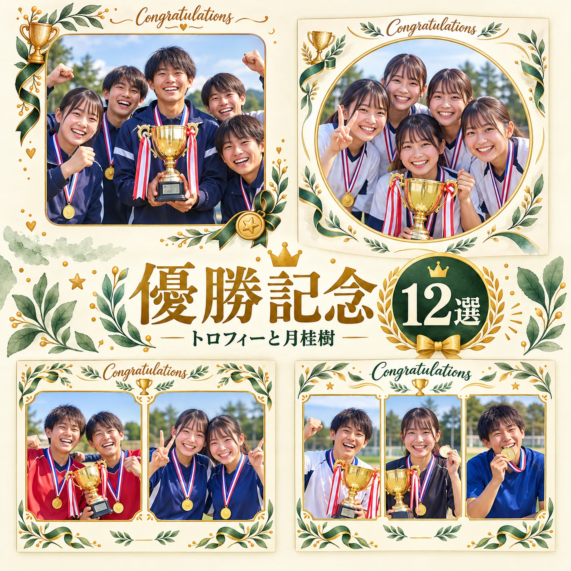 優勝記念写真フレーム12選｜トロフィーと月桂樹の無料イラスト素材 101500に写真・文字を入れる