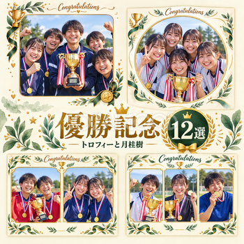 優勝記念写真フレーム12選｜トロフィーと月桂樹の無料イラスト素材 101500