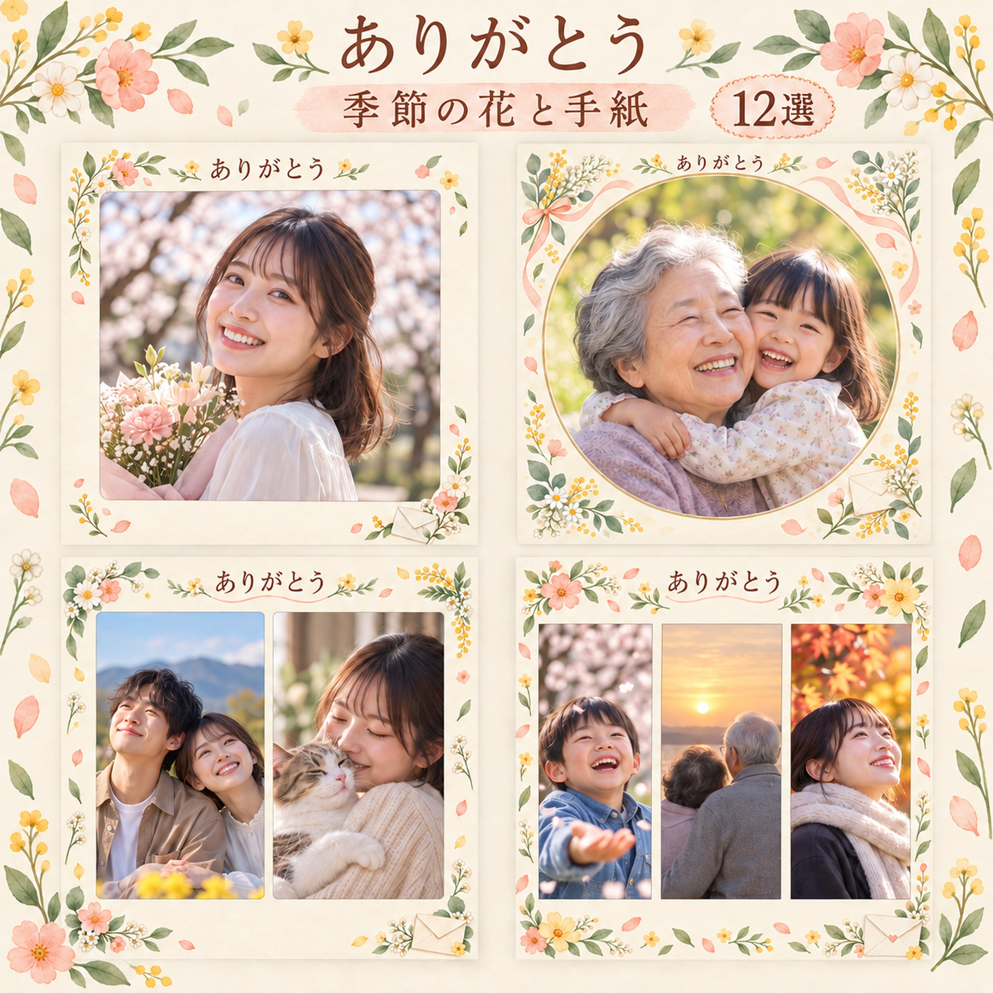 ありがとう写真フレーム12選｜季節の花と手紙の無料イラスト素材 101511に写真・文字を入れる