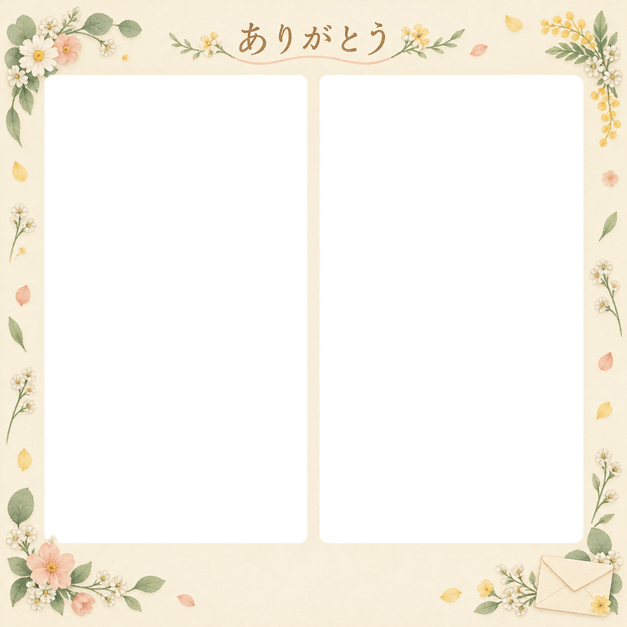 ありがとうの写真フレーム｜季節の花と手紙・写真2枚の思い出の無料イラスト素材 101518に写真・文字を入れる