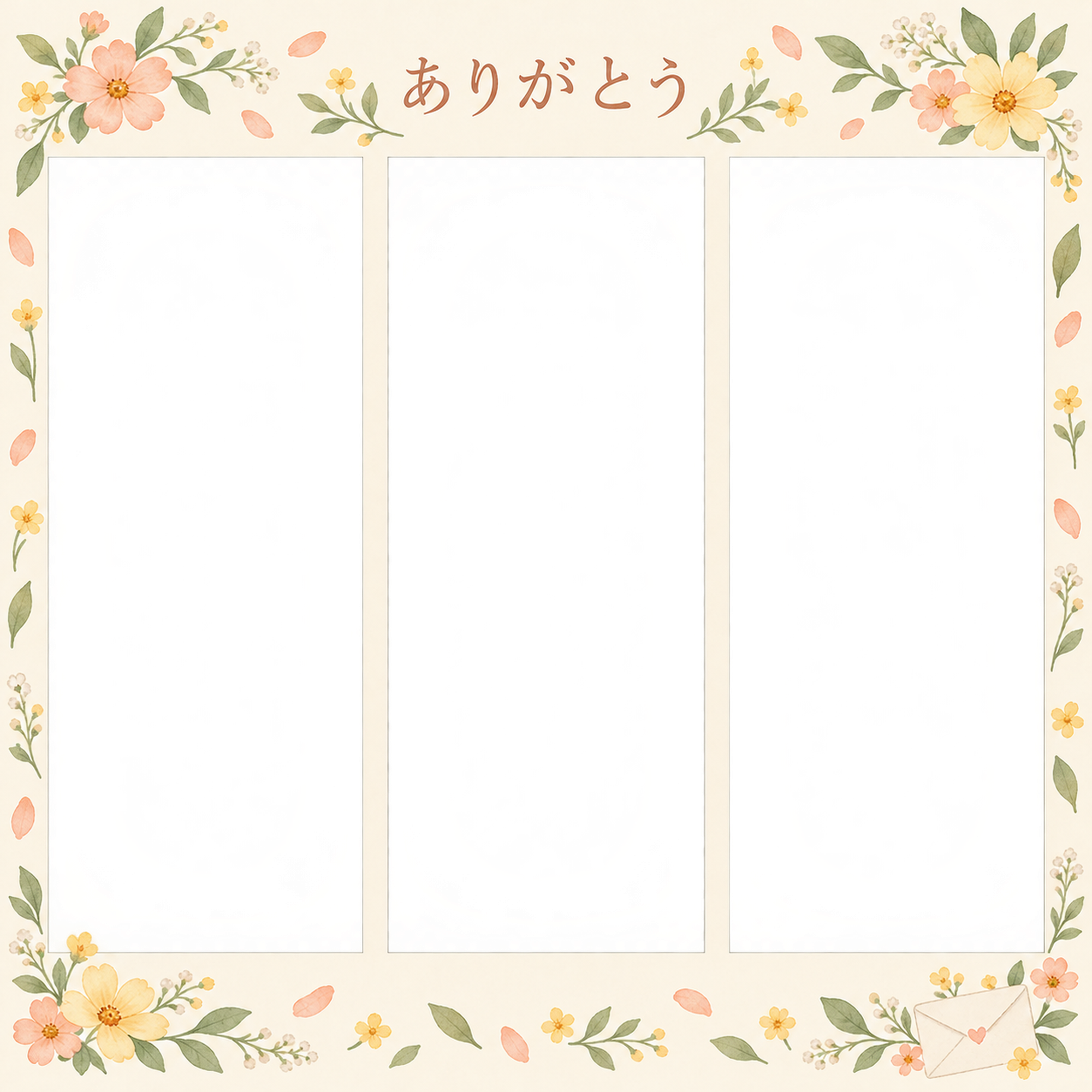 ありがとうの写真フレーム｜季節の花と手紙・写真3枚の記録の無料イラスト素材 101521に写真・文字を入れる