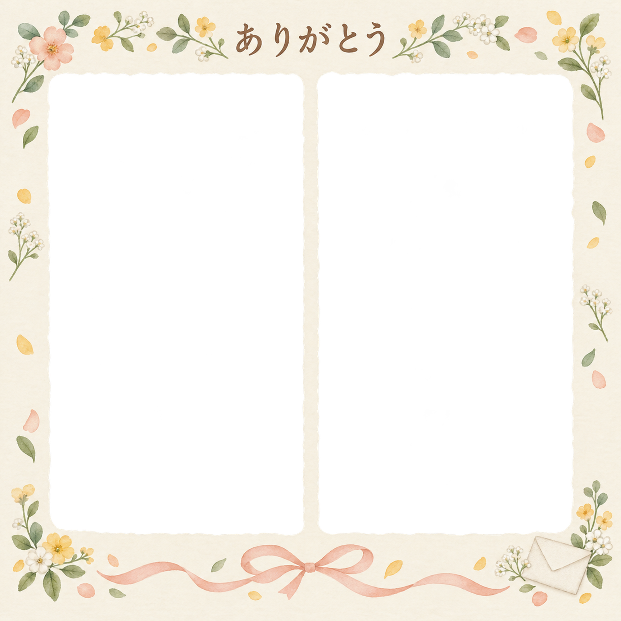 ありがとうの写真フレーム｜季節の花と手紙・写真2枚とリボンの無料イラスト素材 101524に写真・文字を入れる