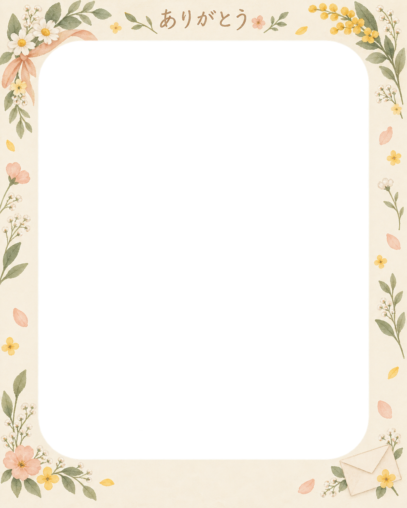 ありがとうの写真フレーム｜季節の花と手紙・すっきりした縦飾りの無料イラスト素材 101525に写真・文字を入れる