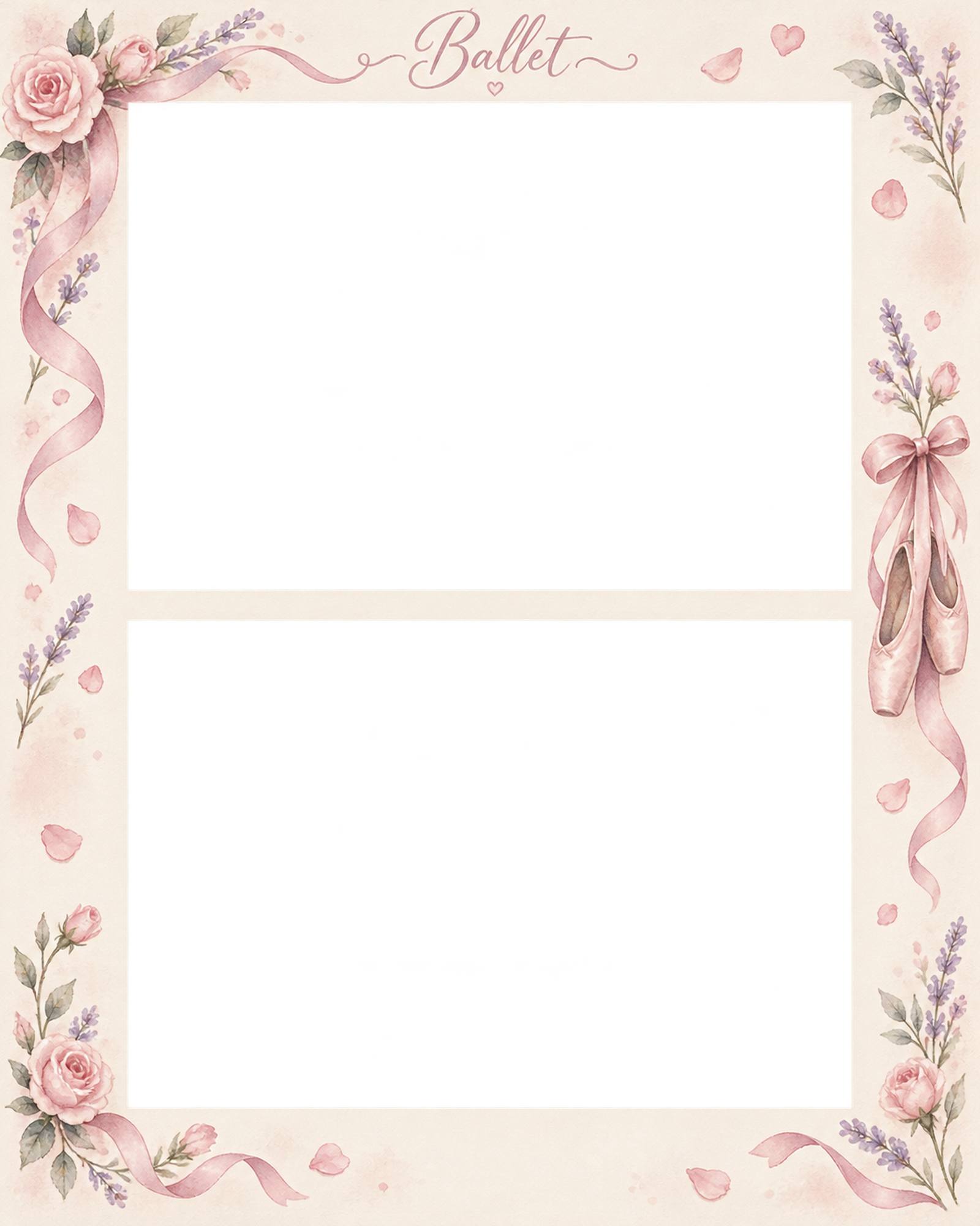 バレエ発表会の写真フレーム｜花とトウシューズ・上下2枚の記念写真の無料イラスト素材 101545に写真・文字を入れる