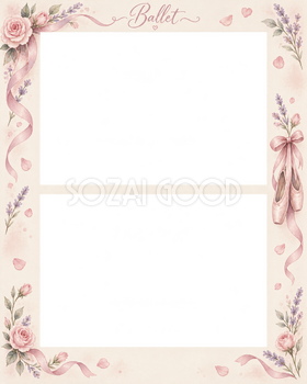 バレエ発表会の写真フレーム｜花とトウシューズ・上下2枚の記念写真の無料イラスト素材 101545