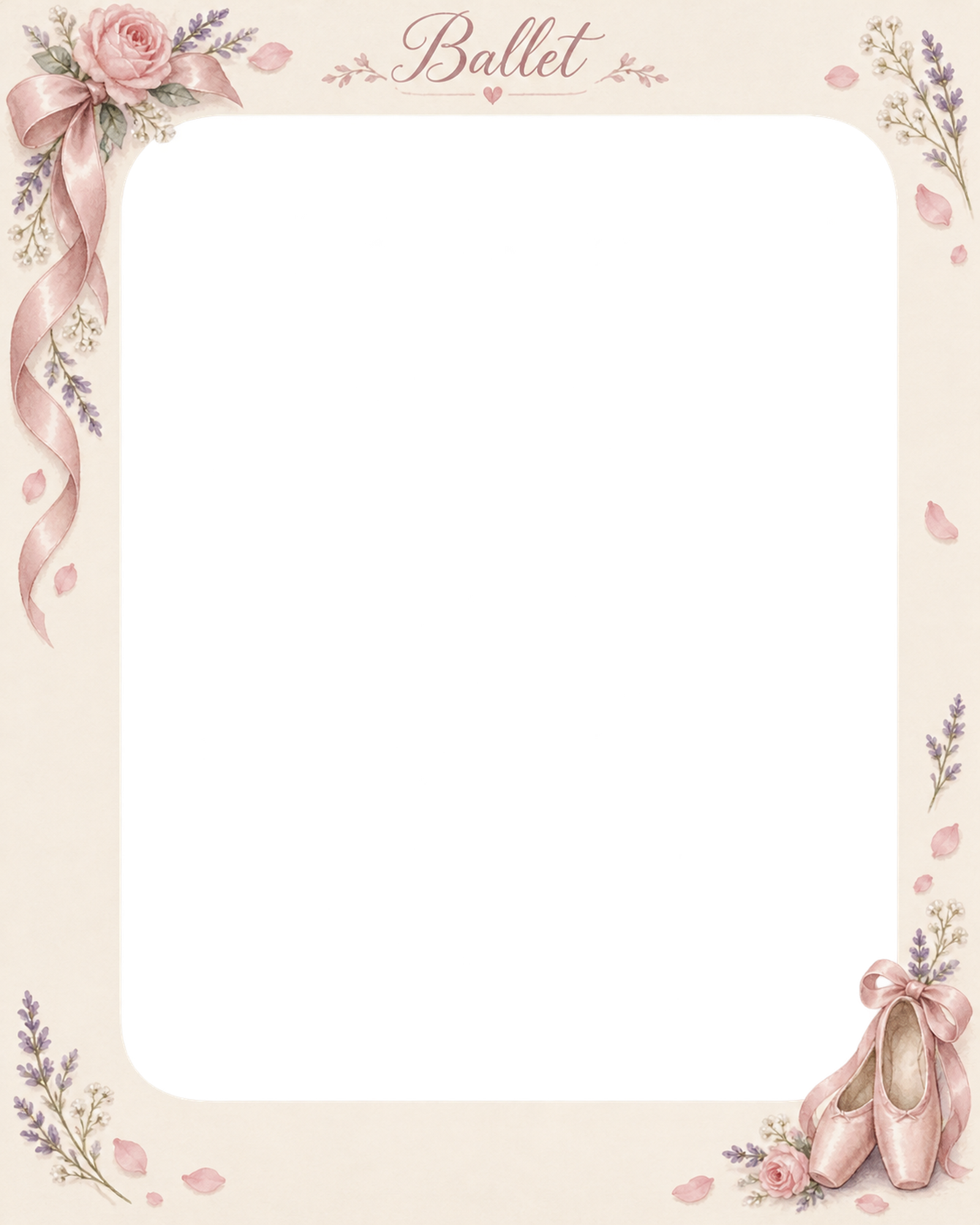 バレエ発表会の写真フレーム｜花とトウシューズ・すっきりした縦飾りの無料イラスト素材 101551に写真・文字を入れる