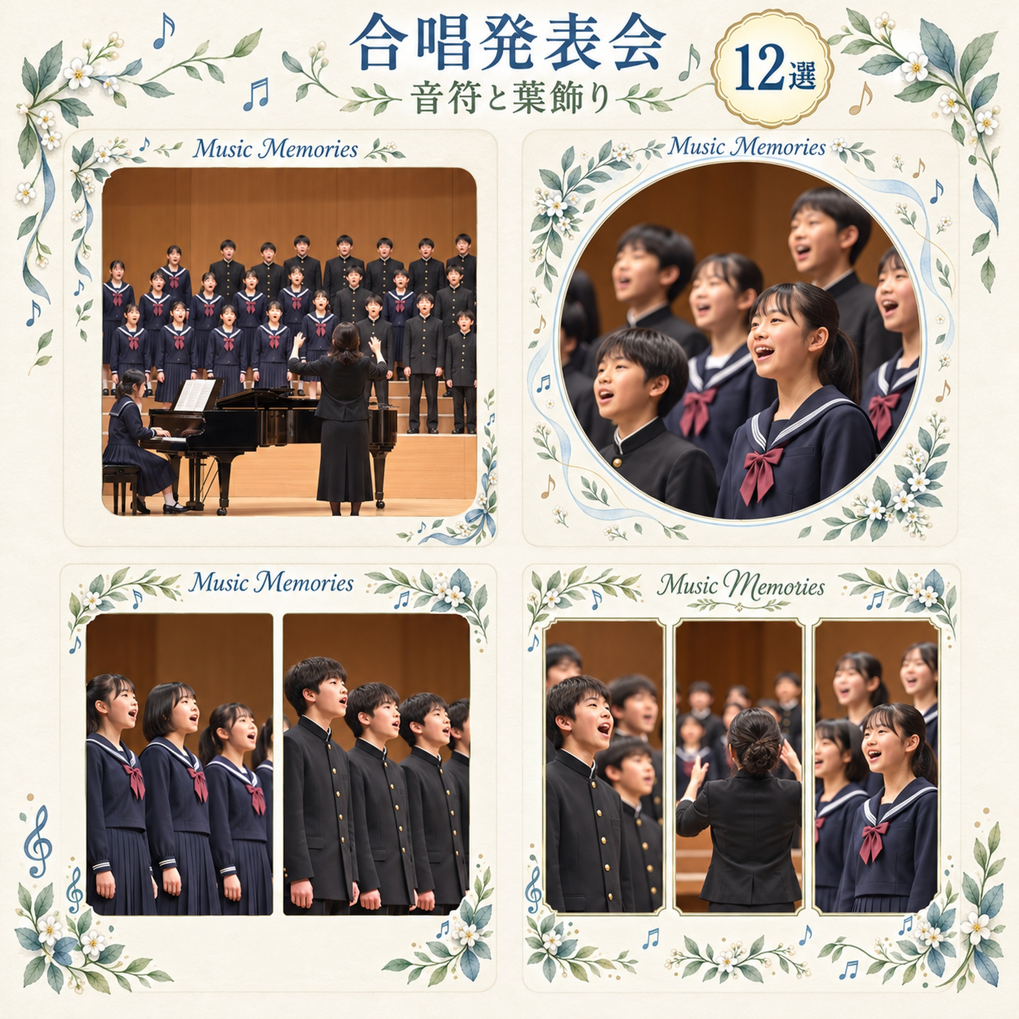 合唱発表会写真フレーム12選｜音符と葉飾りの無料イラスト素材 101565に写真・文字を入れる