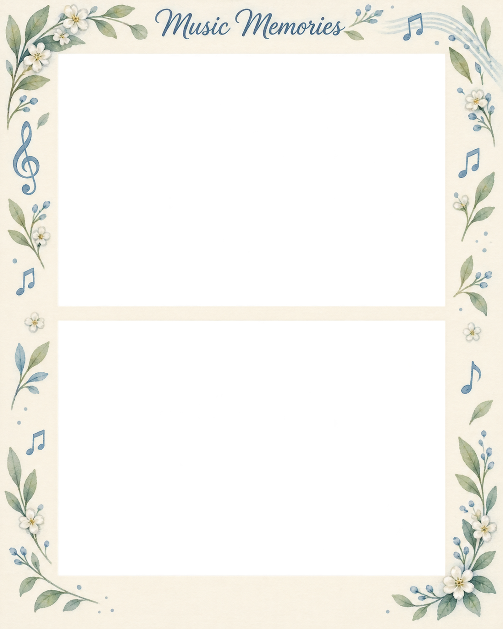 合唱発表会の写真フレーム｜音符と葉飾り・上下2枚の記念写真の無料イラスト素材 101571に写真・文字を入れる