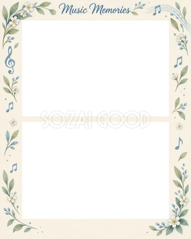 合唱発表会の写真フレーム｜音符と葉飾り・上下2枚の記念写真の無料イラスト素材 101571