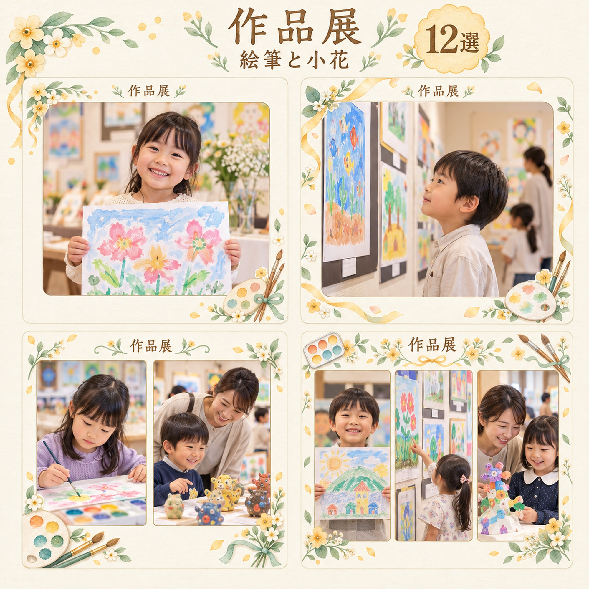 作品展写真フレーム12選｜絵筆と小花の無料イラスト素材 101578に写真・文字を入れる