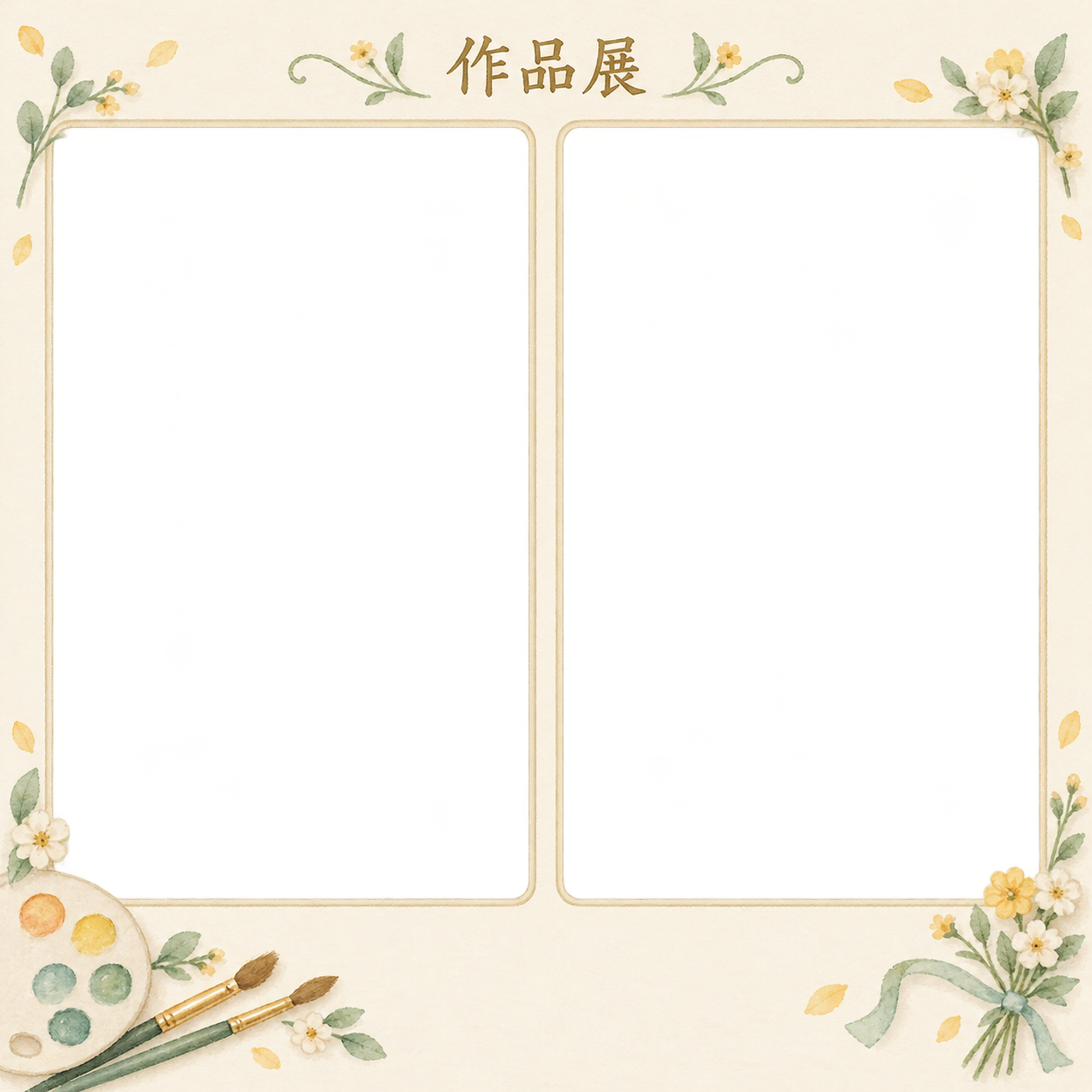 作品展の写真フレーム｜絵筆と小花・写真2枚の思い出の無料イラスト素材 101583に写真・文字を入れる