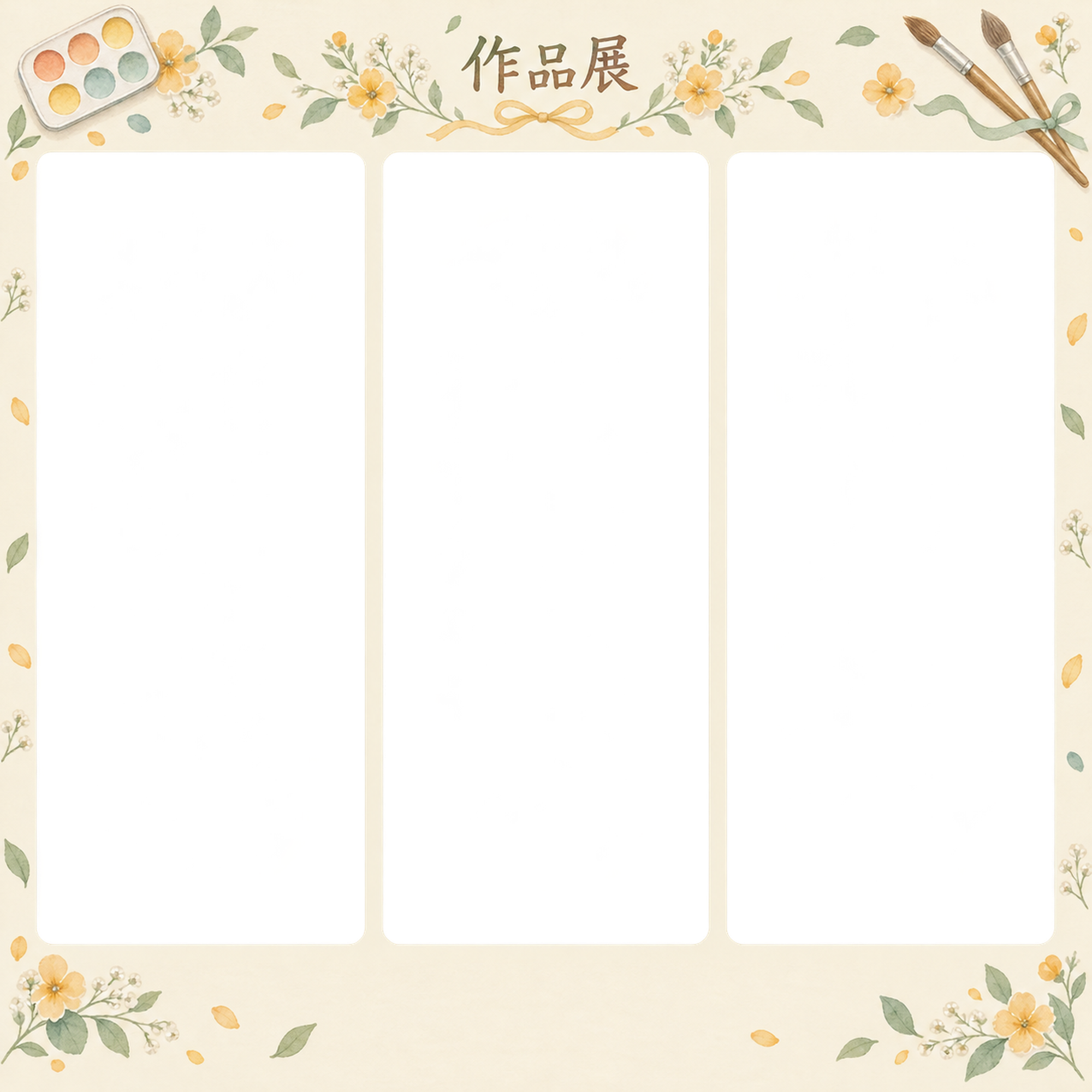 作品展の写真フレーム｜絵筆と小花・写真3枚の記録の無料イラスト素材 101586に写真・文字を入れる