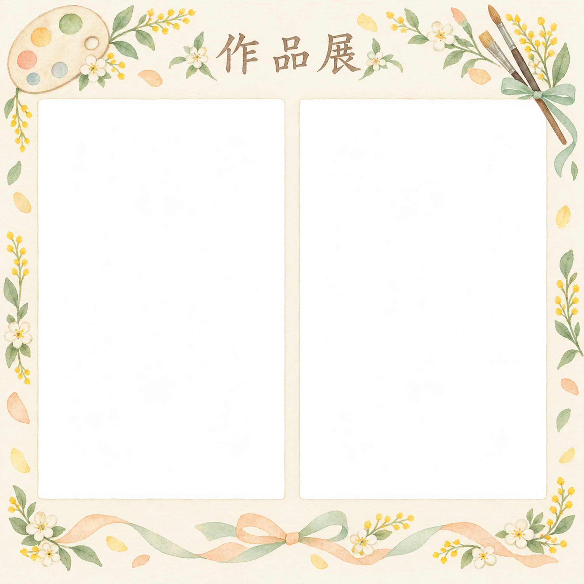 作品展の写真フレーム｜絵筆と小花・写真2枚とリボンの無料イラスト素材 101589に写真・文字を入れる