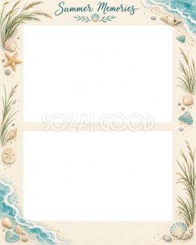 海の思い出の写真フレーム｜貝殻と波・上下2枚の記念写真の無料イラスト素材 101597