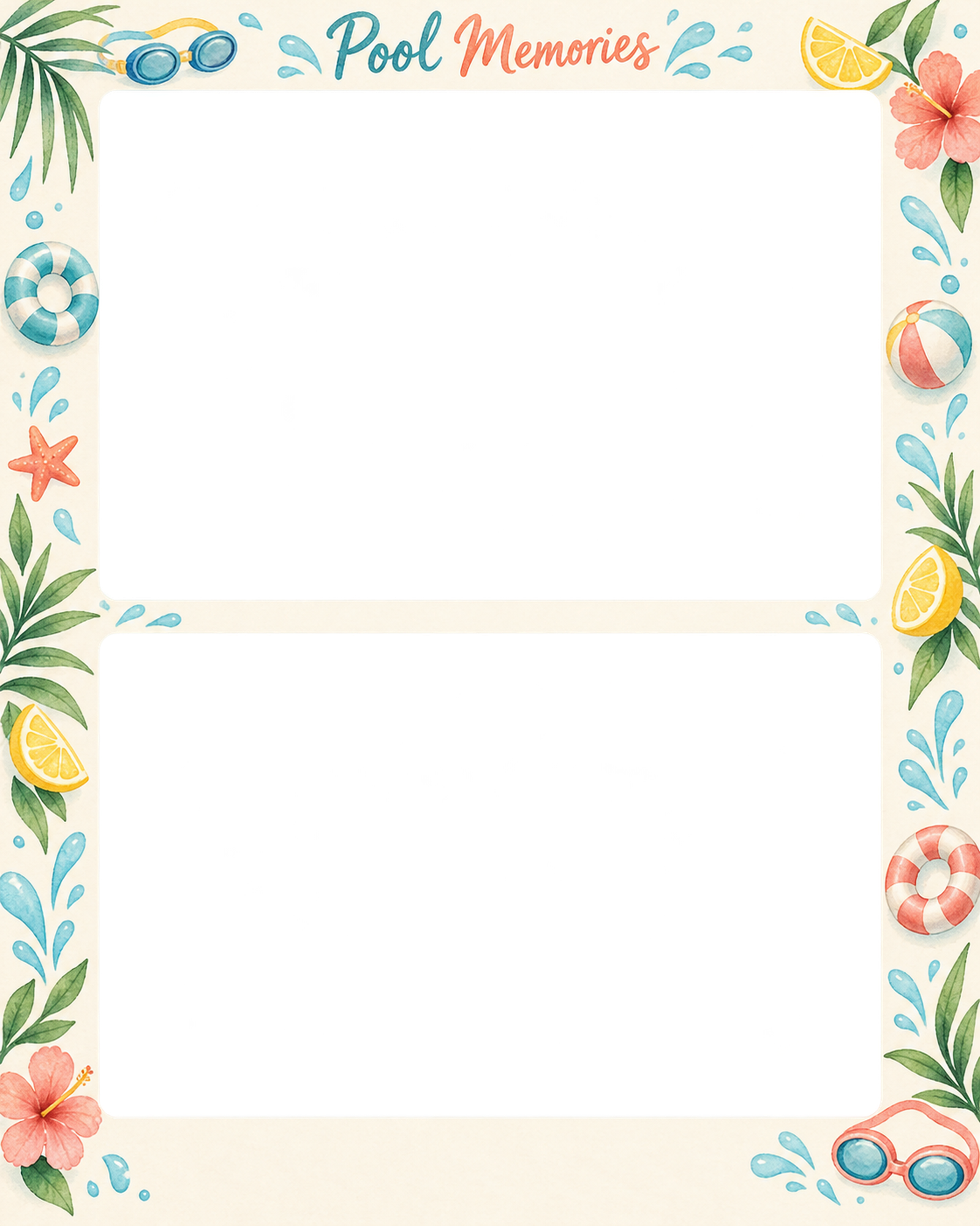 プールの思い出の写真フレーム｜浮き輪と水しぶき・上下2枚の記念写真の無料イラスト素材 101610に写真・文字を入れる