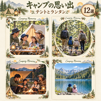 キャンプの思い出写真フレーム12選｜テントとランタンの無料イラスト素材 101617