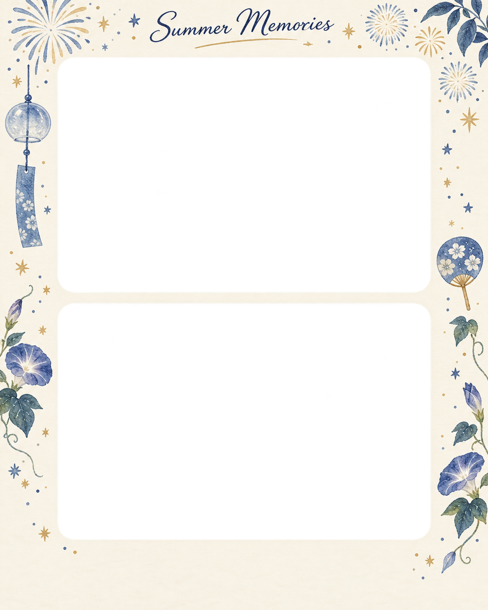 花火の思い出の写真フレーム｜花火と星・上下2枚の記念写真の無料イラスト素材 101636に写真・文字を入れる