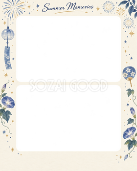 花火の思い出の写真フレーム｜花火と星・上下2枚の記念写真の無料イラスト素材 101636