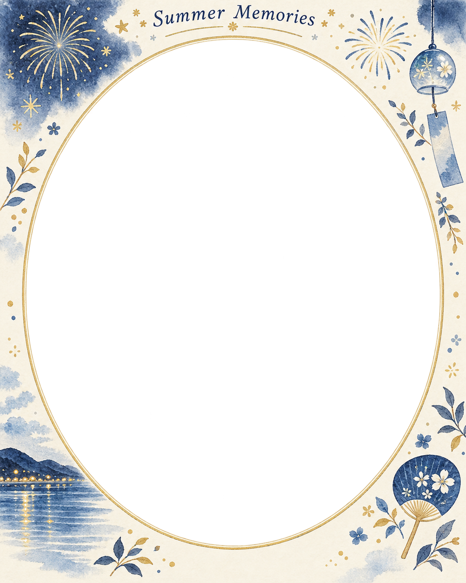 花火の思い出の写真フレーム｜花火と星・縦長の楕円窓の無料イラスト素材 101639に写真・文字を入れる