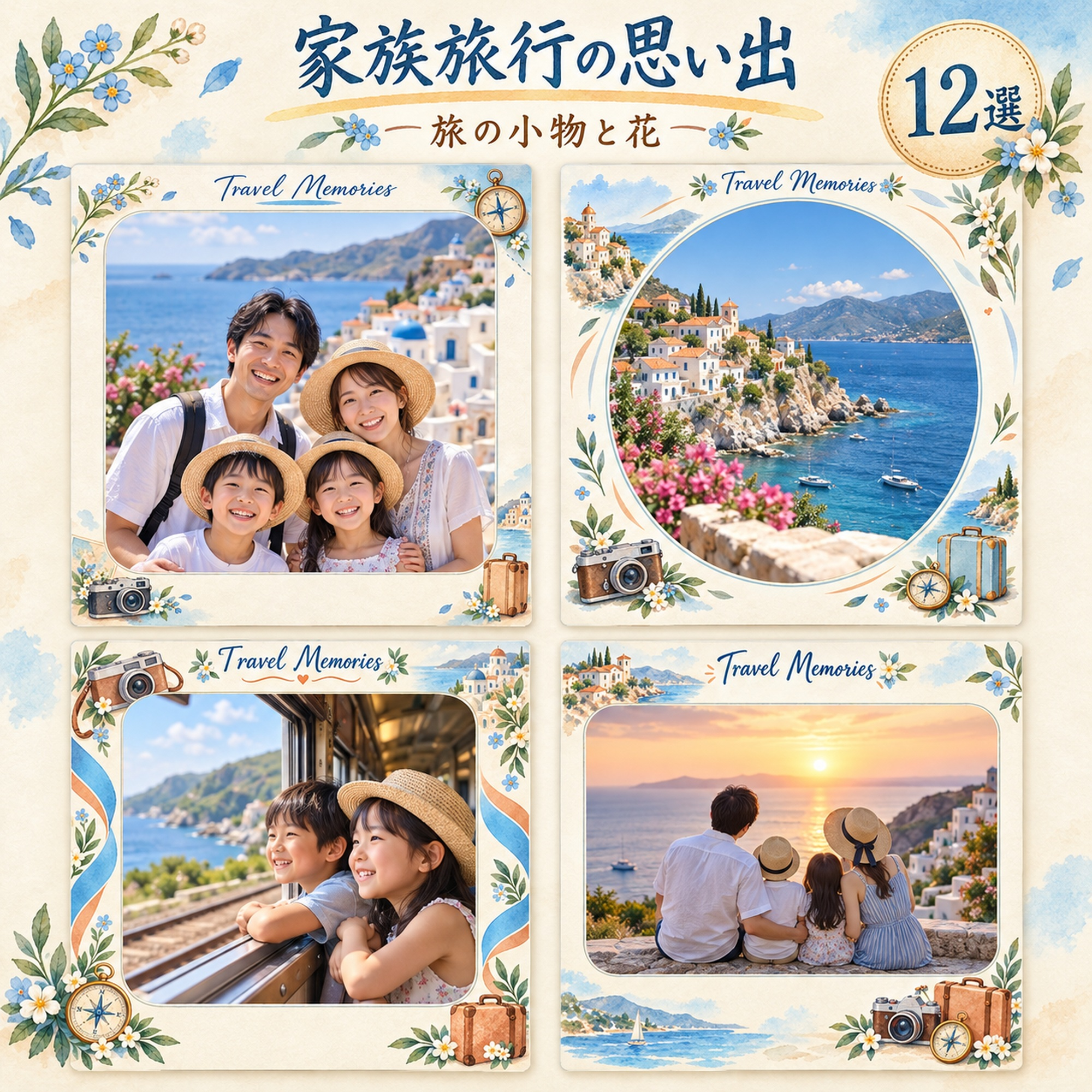 家族旅行の思い出写真フレーム12選｜旅の小物と花の無料イラスト素材 101643に写真・文字を入れる