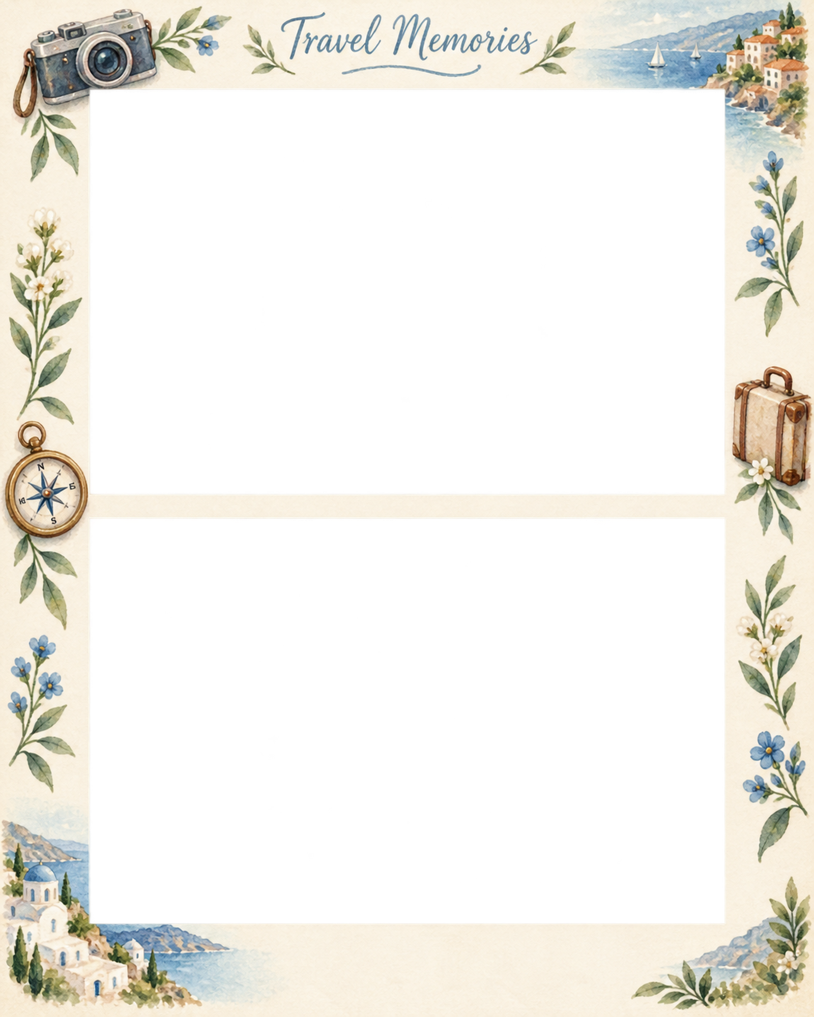家族旅行の思い出の写真フレーム｜旅の小物と花・上下2枚の記念写真の無料イラスト素材 101649に写真・文字を入れる