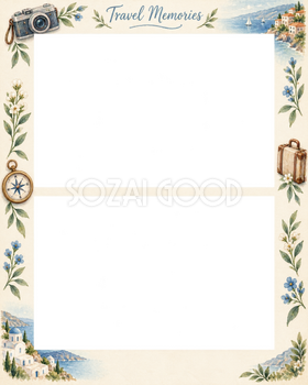 家族旅行の思い出の写真フレーム｜旅の小物と花・上下2枚の記念写真の無料イラスト素材 101649