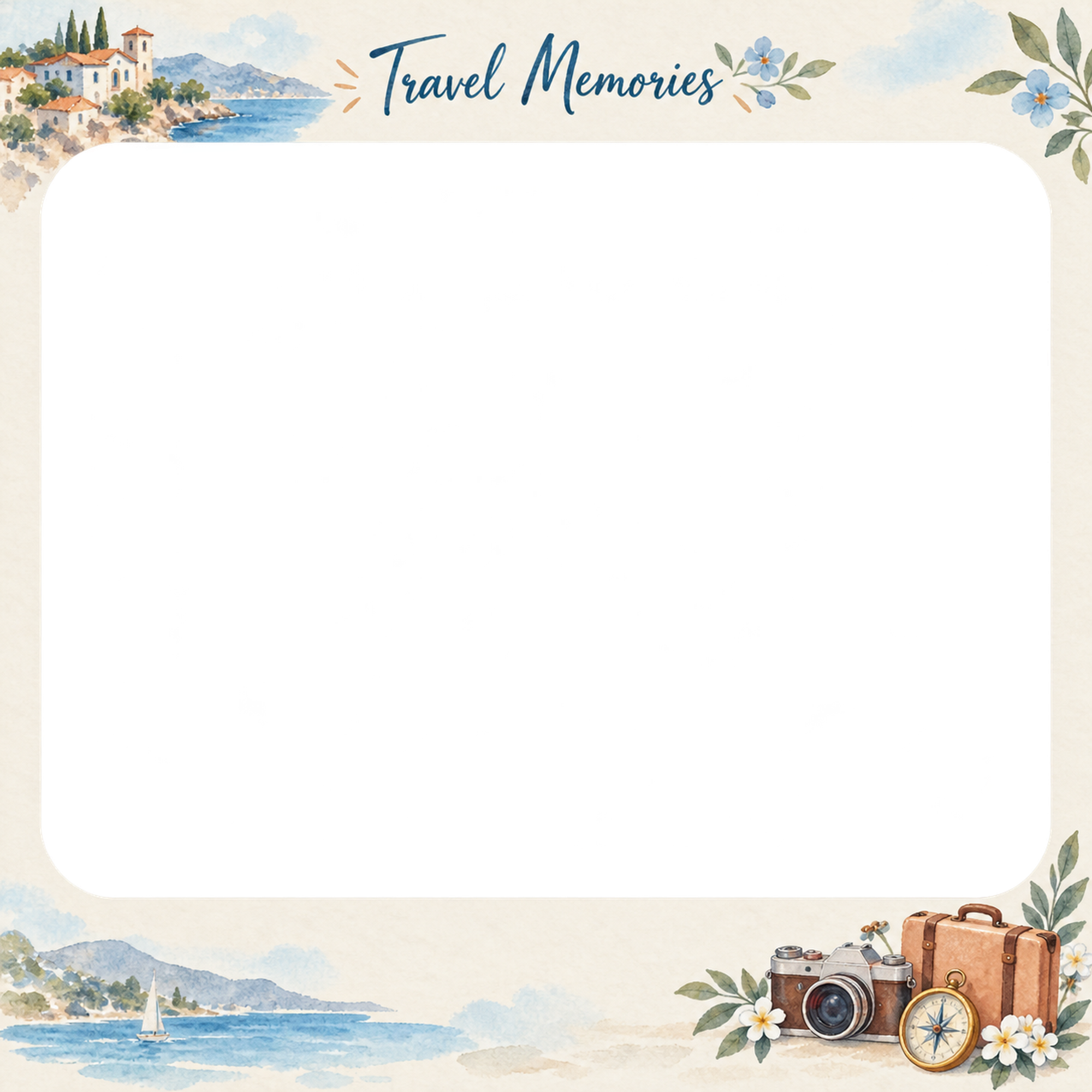 家族旅行の思い出の写真フレーム｜旅の小物と花・余白を生かす記念枠の無料イラスト素材 101653に写真・文字を入れる