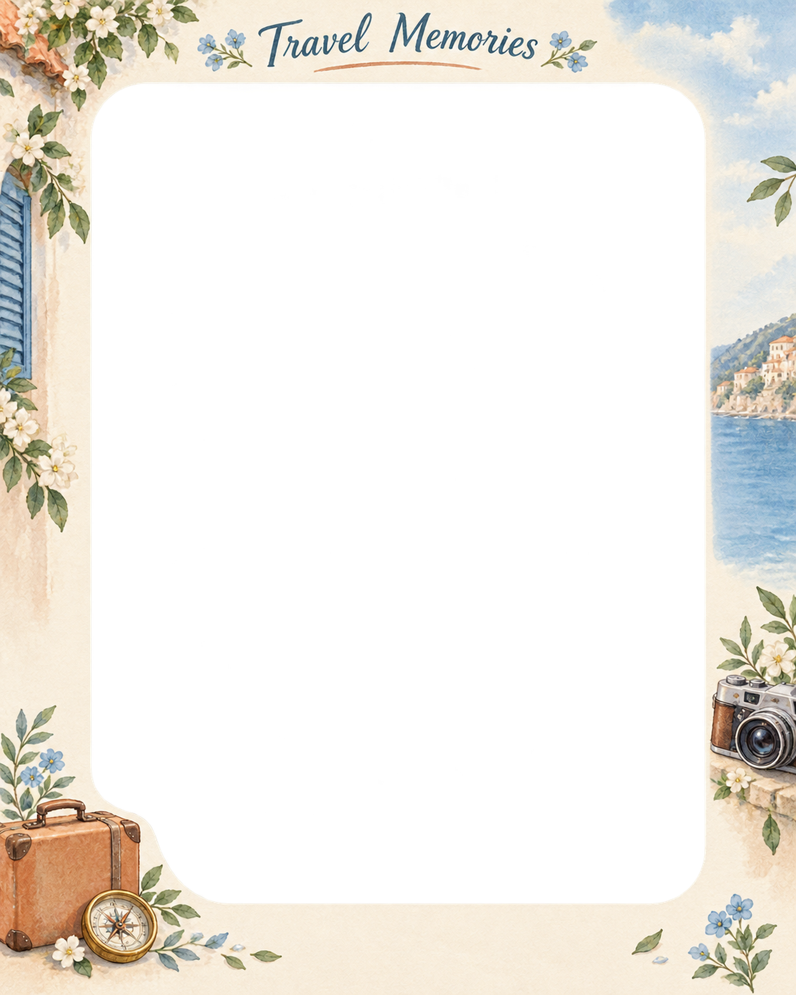家族旅行の思い出の写真フレーム｜旅の小物と花・すっきりした縦飾りの無料イラスト素材 101655に写真・文字を入れる
