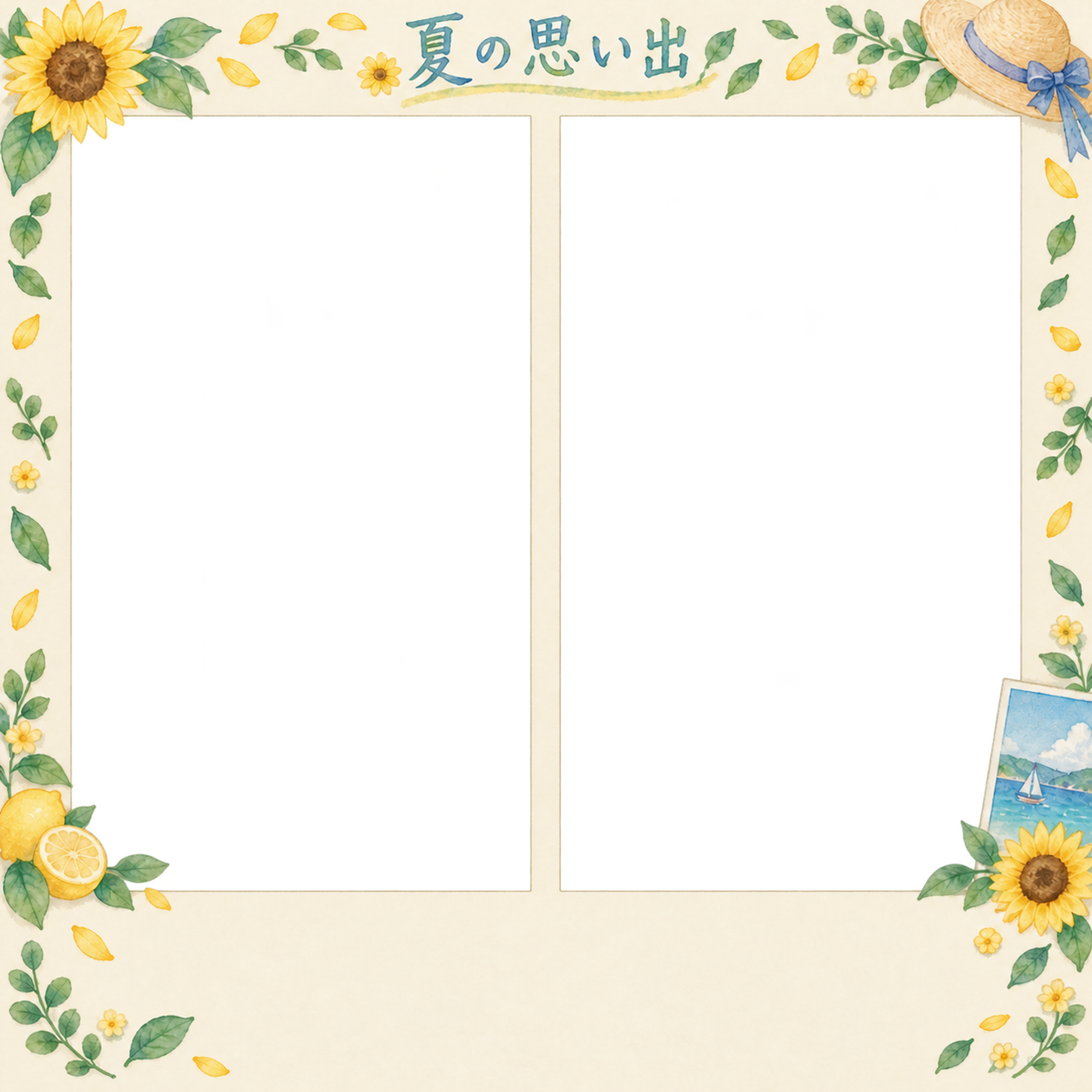 夏休みの絵日記の写真フレーム｜ひまわりと夏の小物・写真2枚の思い出の無料イラスト素材 101661に写真・文字を入れる
