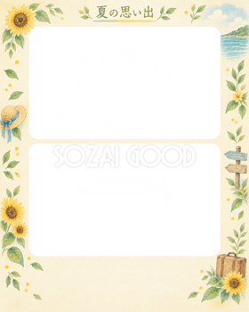 夏休みの絵日記の写真フレーム｜ひまわりと夏の小物・上下2枚の記念写真の無料イラスト素材 101662