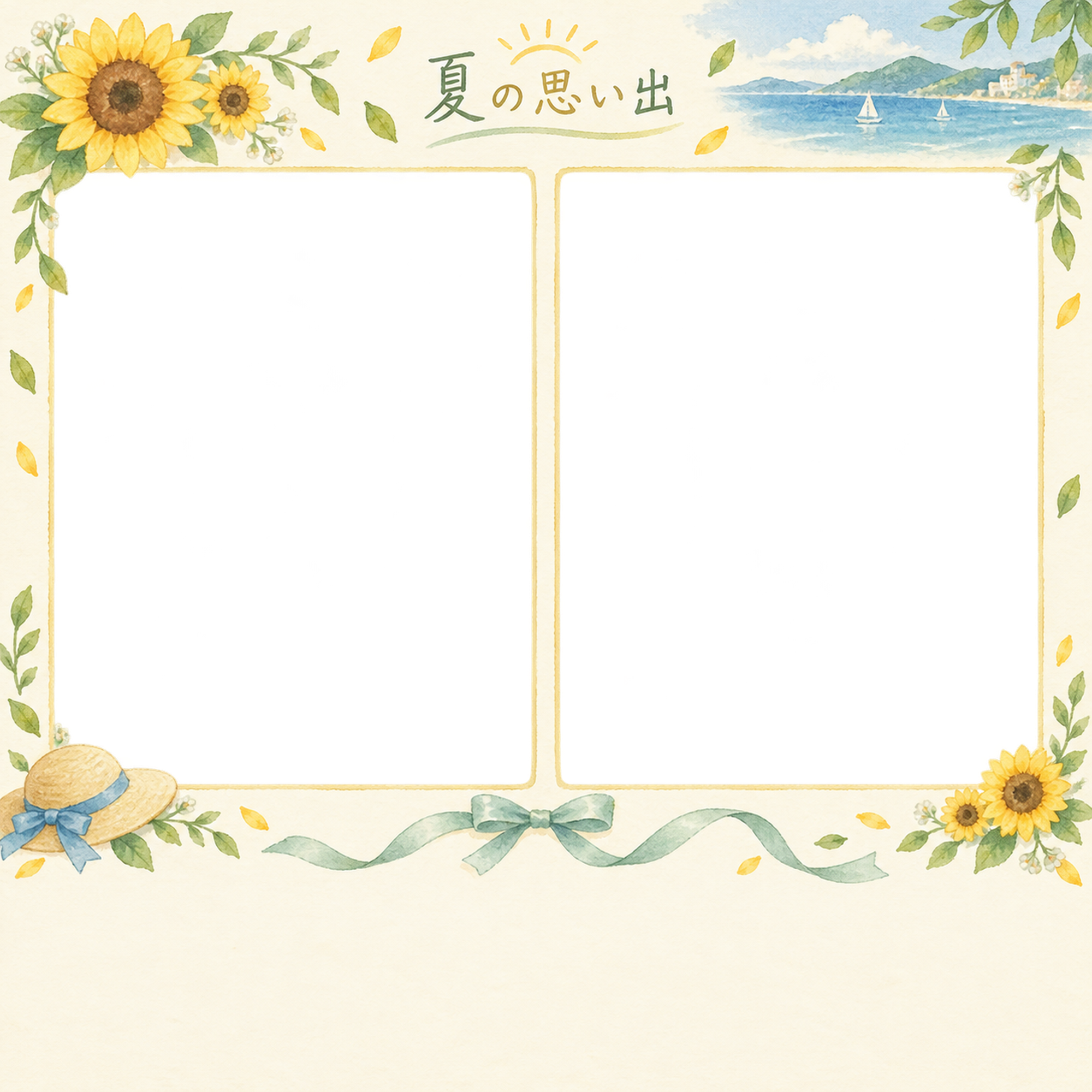 夏休みの絵日記の写真フレーム｜ひまわりと夏の小物・写真2枚とリボンの無料イラスト素材 101667に写真・文字を入れる