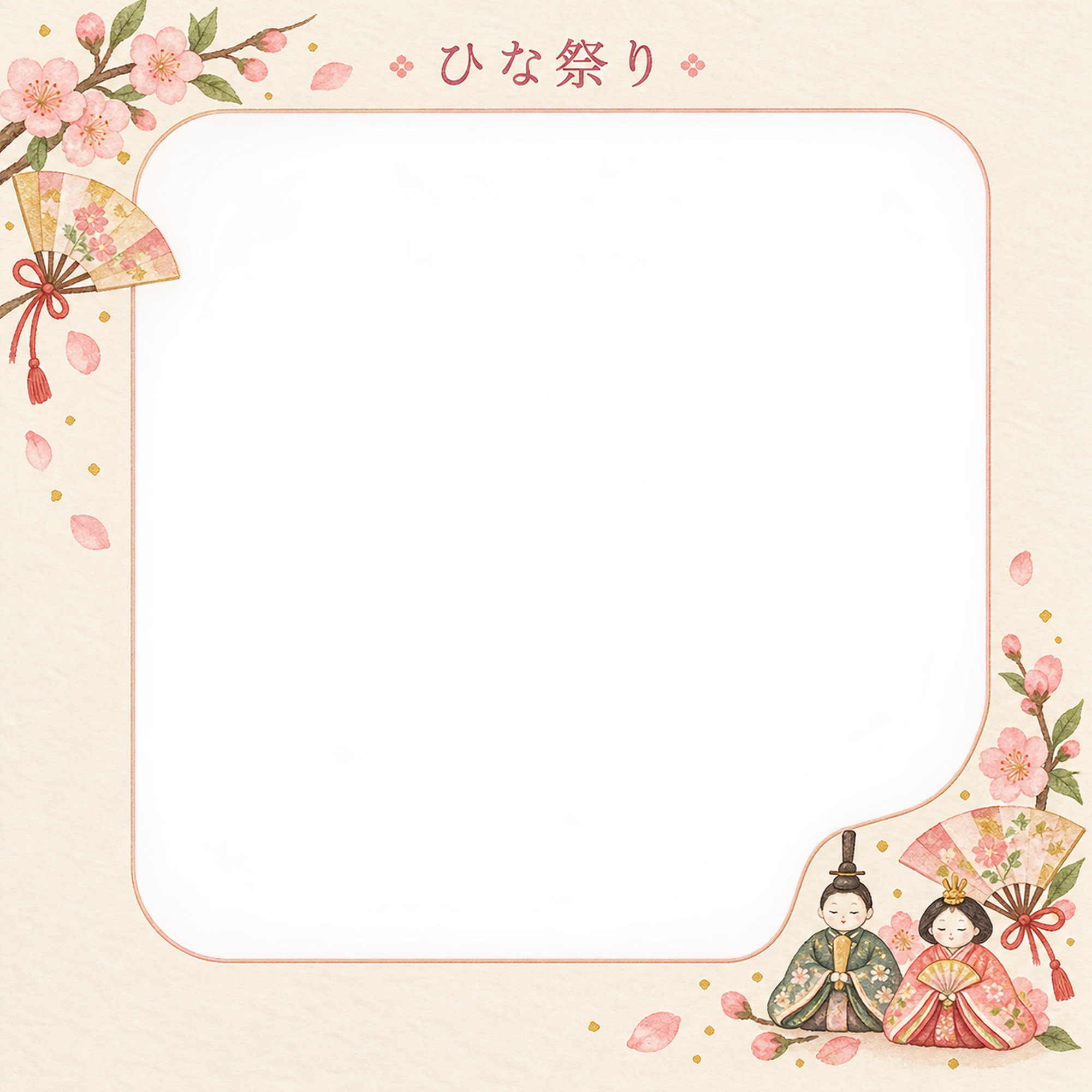 ひな祭りの写真フレーム｜ひな人形と桃の花・四角い写真窓の無料イラスト素材 101670に写真・文字を入れる