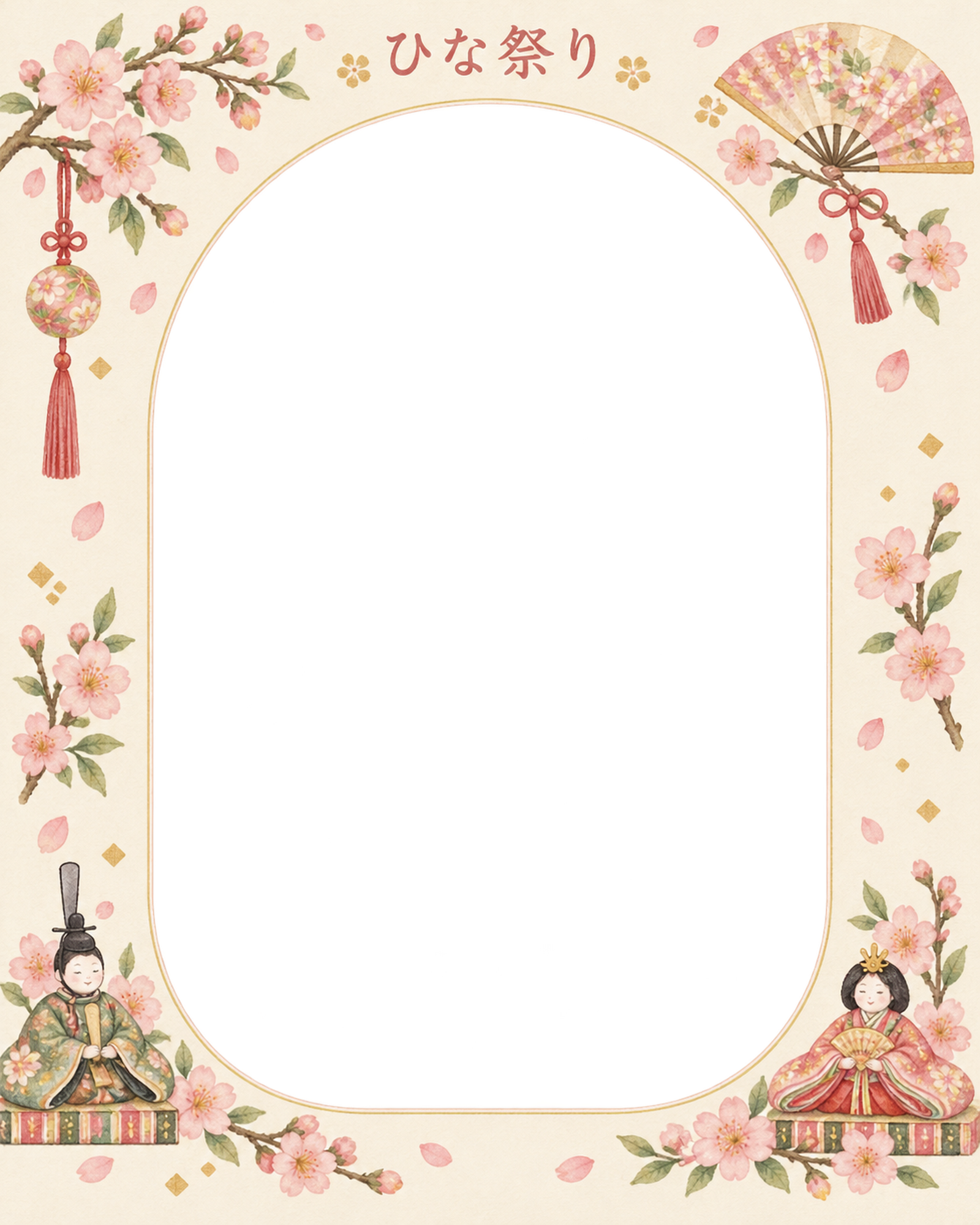 ひな祭りの写真フレーム｜ひな人形と桃の花・縦長アーチの無料イラスト素材 101671に写真・文字を入れる