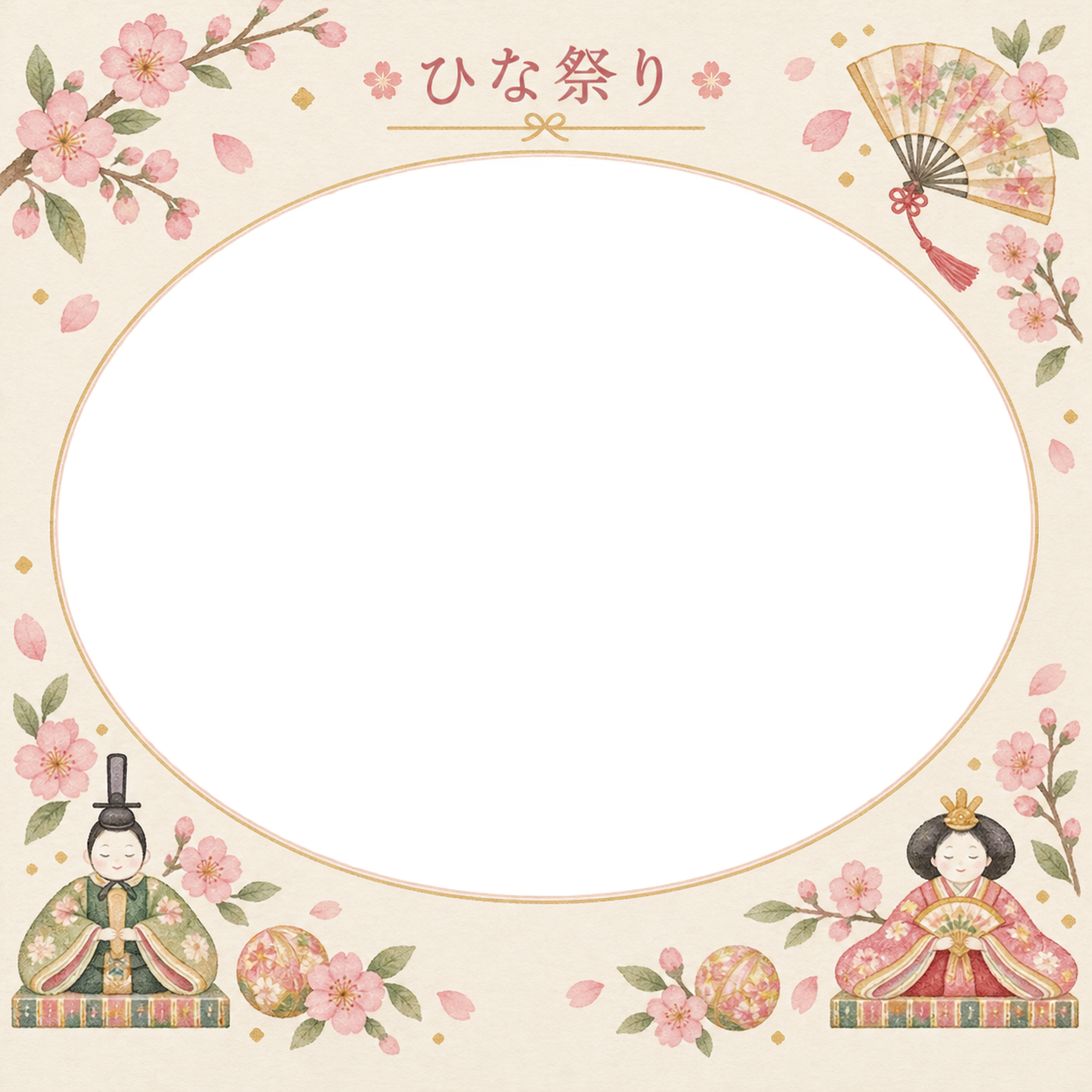 ひな祭りの写真フレーム｜ひな人形と桃の花・楕円の写真窓の無料イラスト素材 101672に写真・文字を入れる