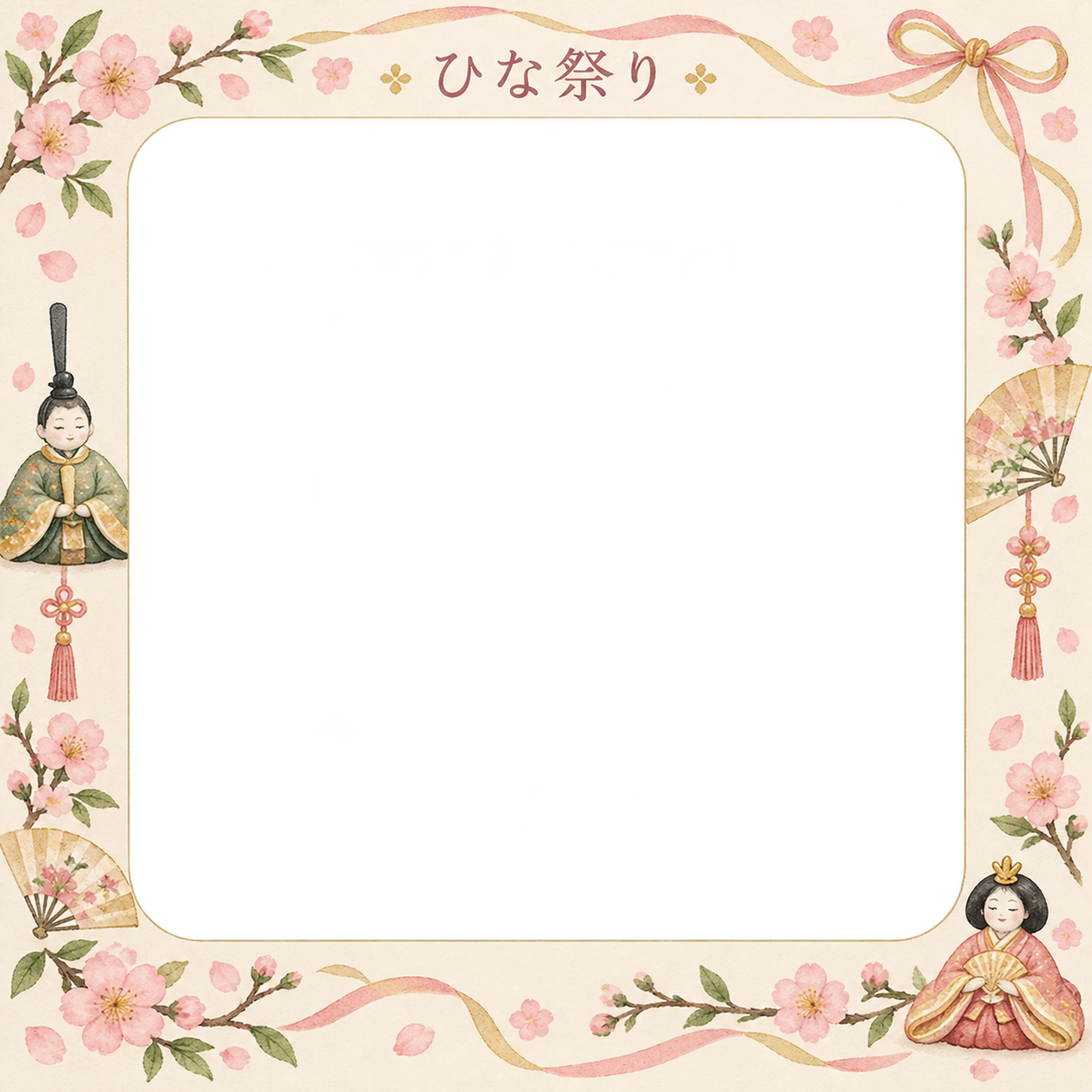 ひな祭りの写真フレーム｜ひな人形と桃の花・リボン飾りの無料イラスト素材 101673に写真・文字を入れる