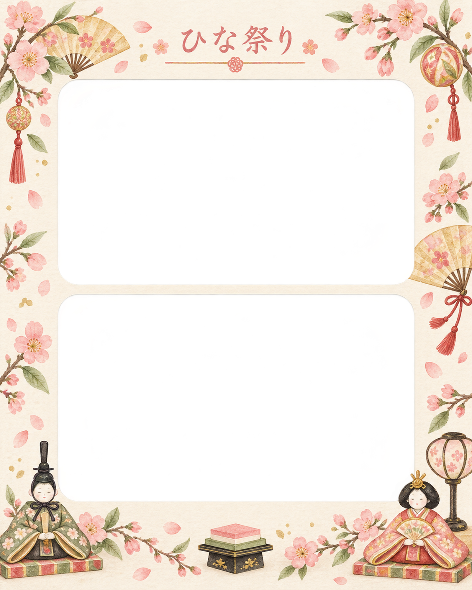 ひな祭りの写真フレーム｜ひな人形と桃の花・上下に写真2枚の無料イラスト素材 101675に写真・文字を入れる