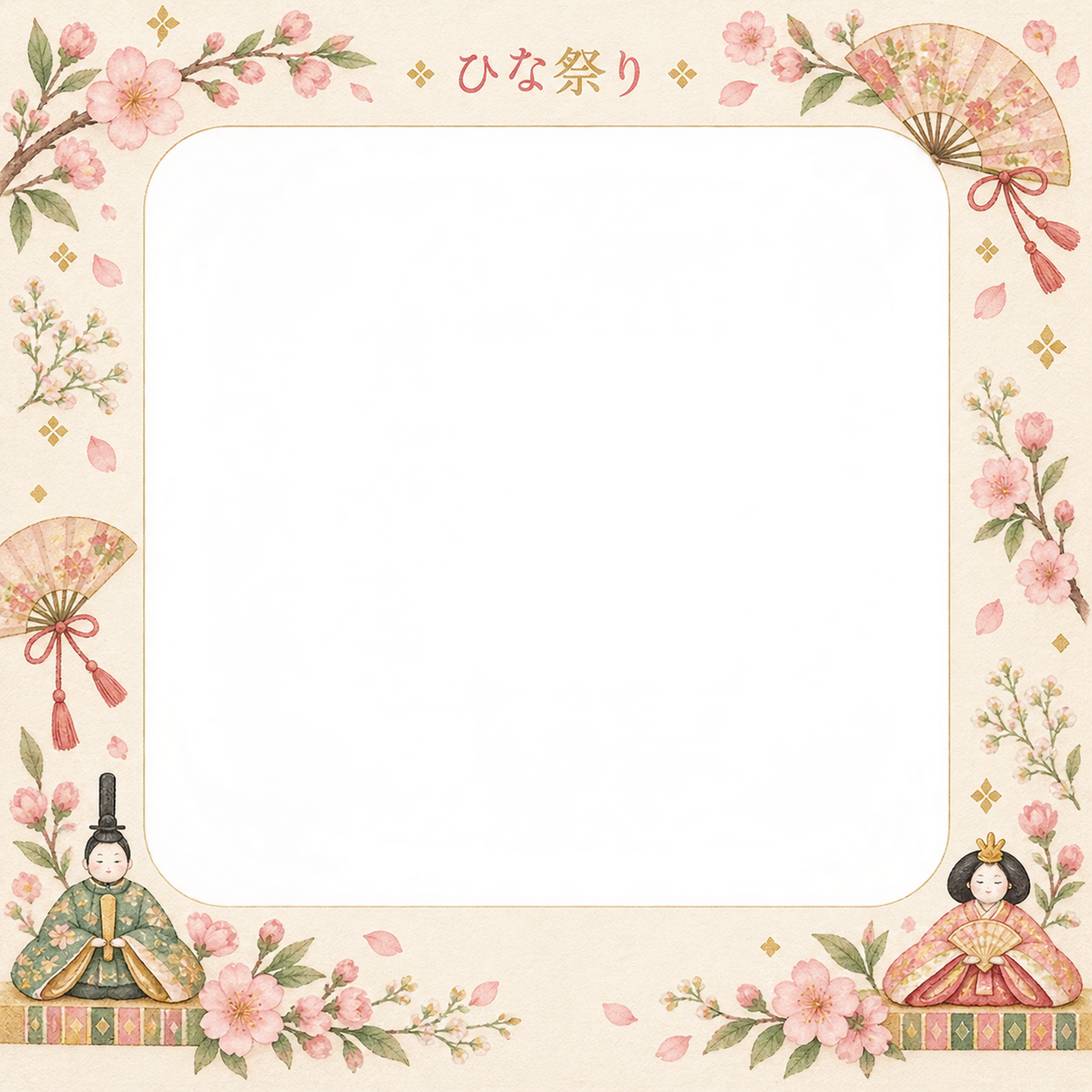 ひな祭りの写真フレーム｜ひな人形と桃の花・小花飾りの無料イラスト素材 101676に写真・文字を入れる