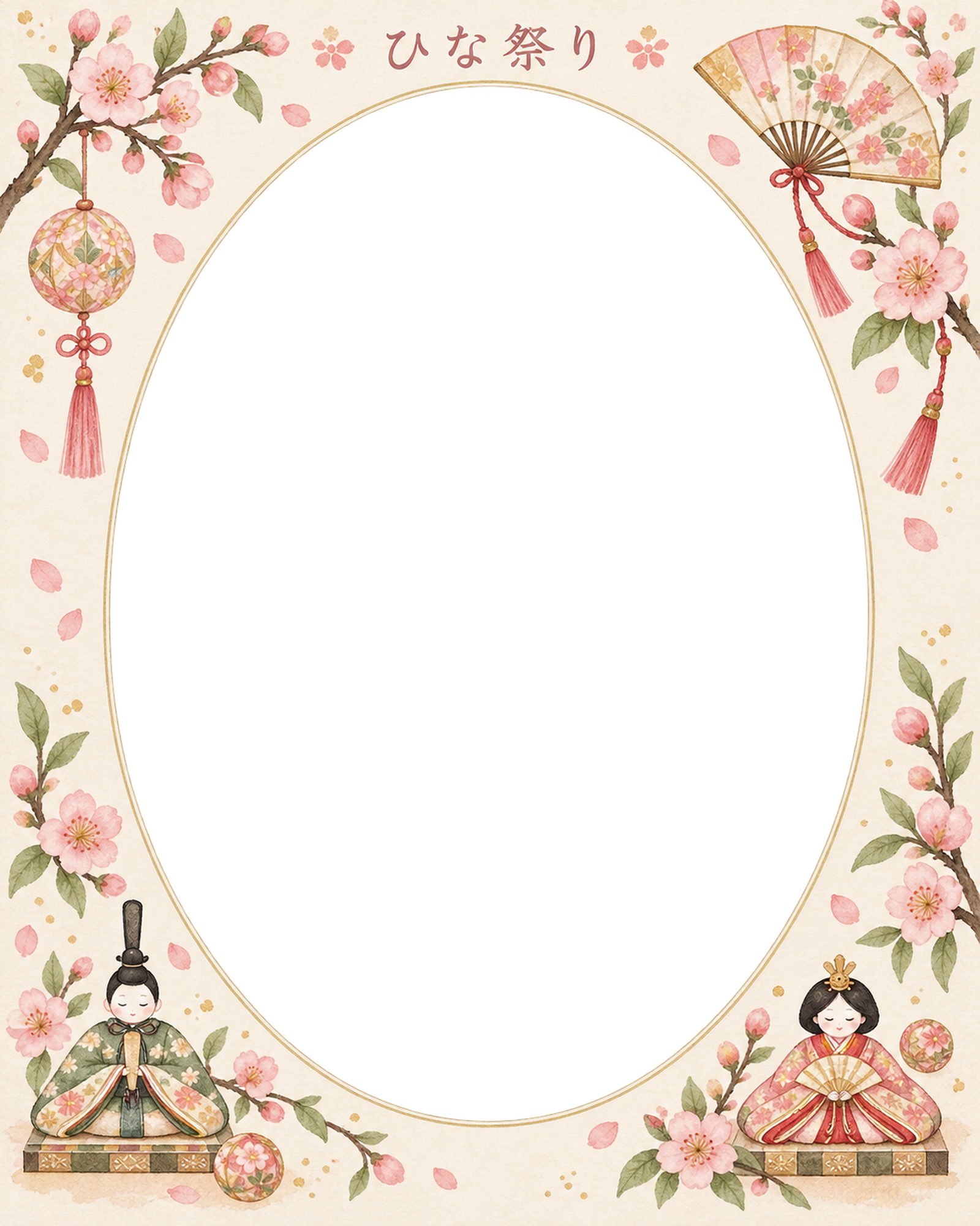 ひな祭りの写真フレーム｜ひな人形と桃の花・縦長楕円の無料イラスト素材 101678に写真・文字を入れる