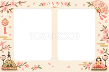 ひな祭りの写真フレーム｜ひな人形と桃の花・横長の写真2枚の無料イラスト素材 101680
