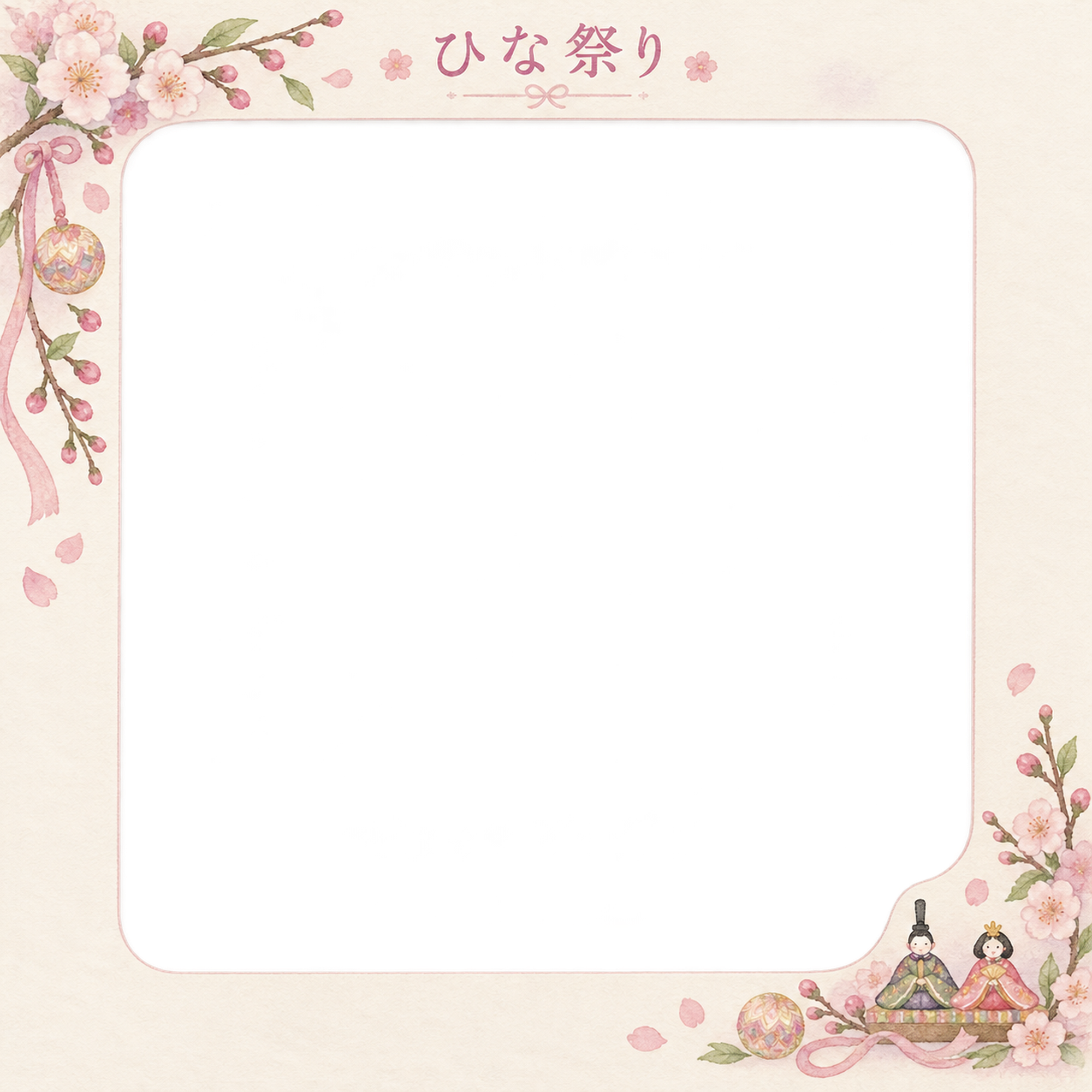 ひな祭りの写真フレーム｜桃の花と春のリボン・四角い写真窓の無料イラスト素材 101683に写真・文字を入れる
