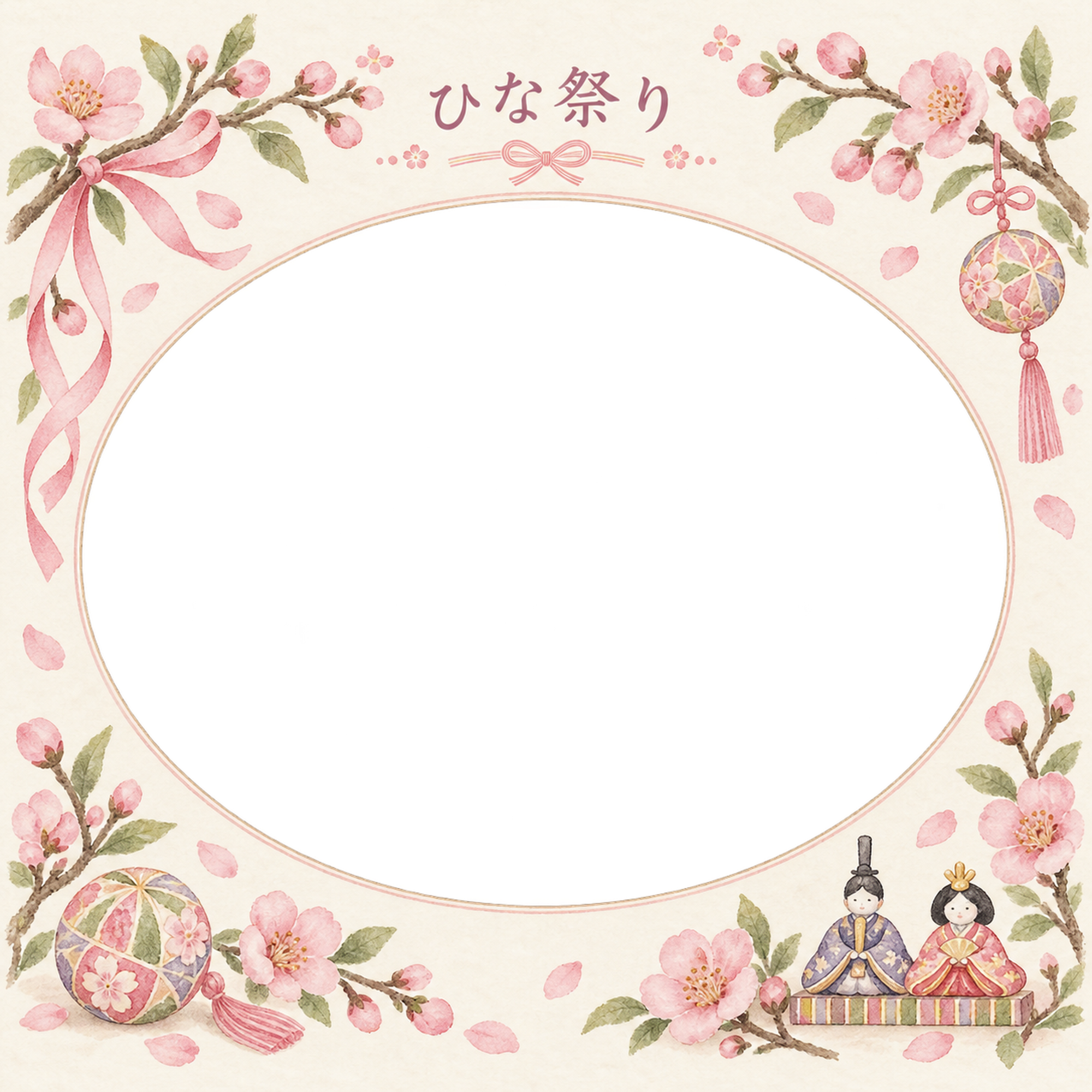 ひな祭りの写真フレーム｜桃の花と春のリボン・楕円の写真窓の無料イラスト素材 101685に写真・文字を入れる