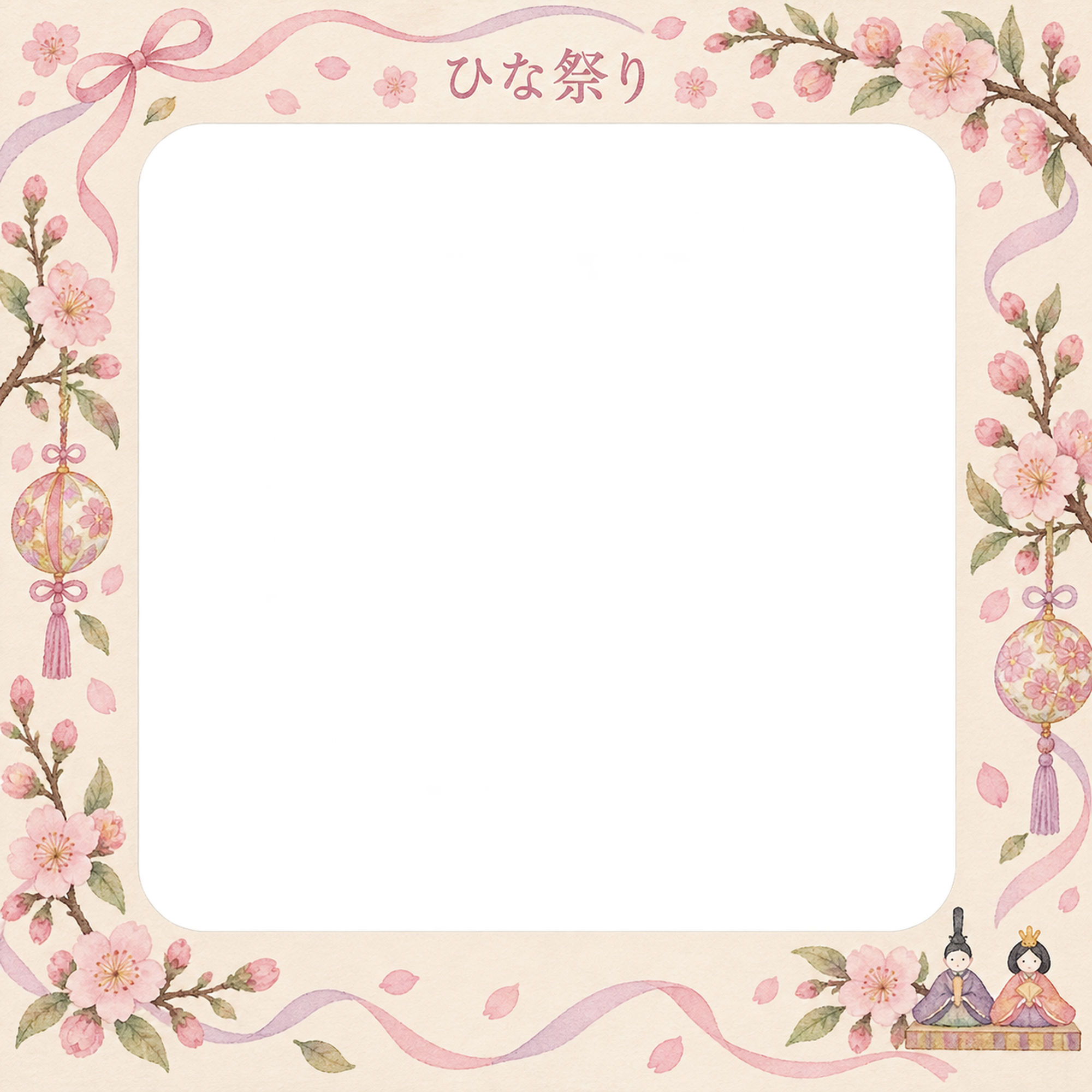 ひな祭りの写真フレーム｜桃の花と春のリボン・リボン飾りの無料イラスト素材 101686に写真・文字を入れる