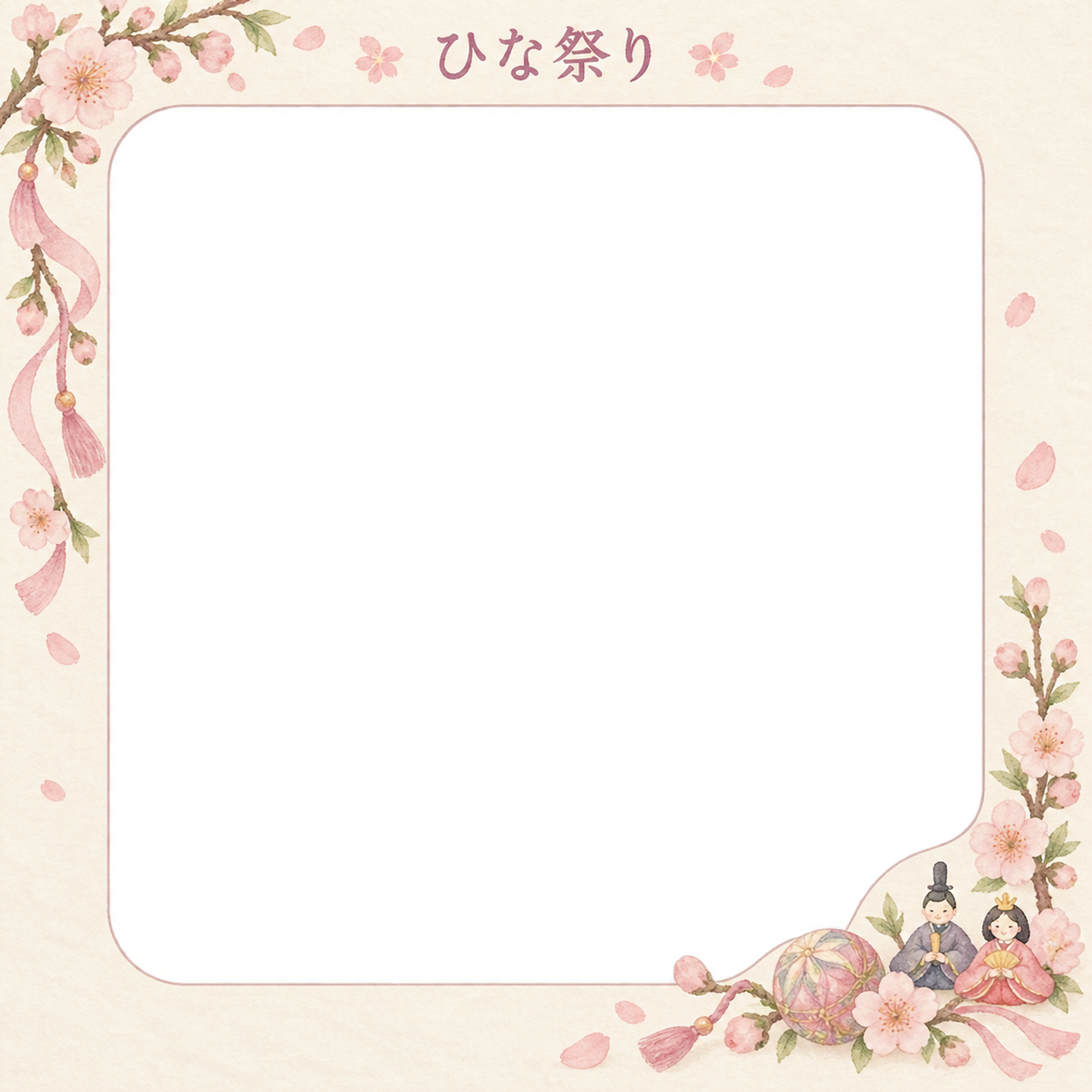ひな祭りの写真フレーム｜桃の花と春のリボン・大きな写真窓の無料イラスト素材 101692に写真・文字を入れる