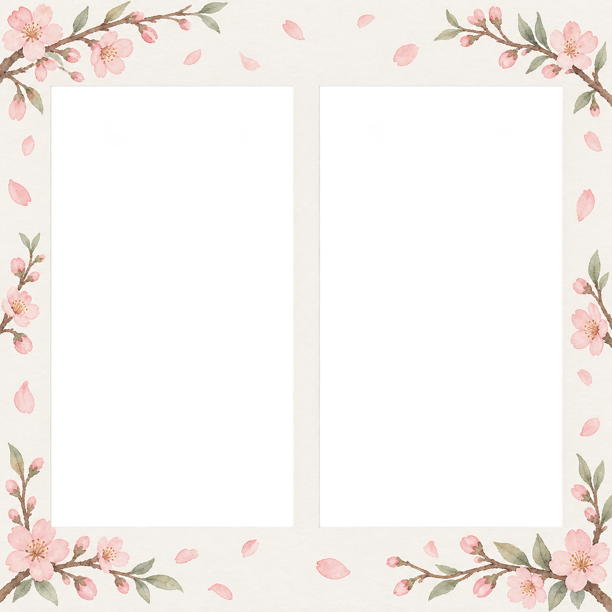 桜の写真フレーム｜桜と春のそよ風・左右に写真2枚の無料イラスト素材 101752に写真・文字を入れる
