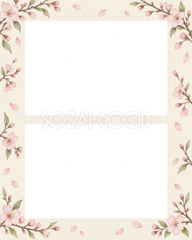 桜の写真フレーム｜桜と春のそよ風・上下に写真2枚の無料イラスト素材 101753