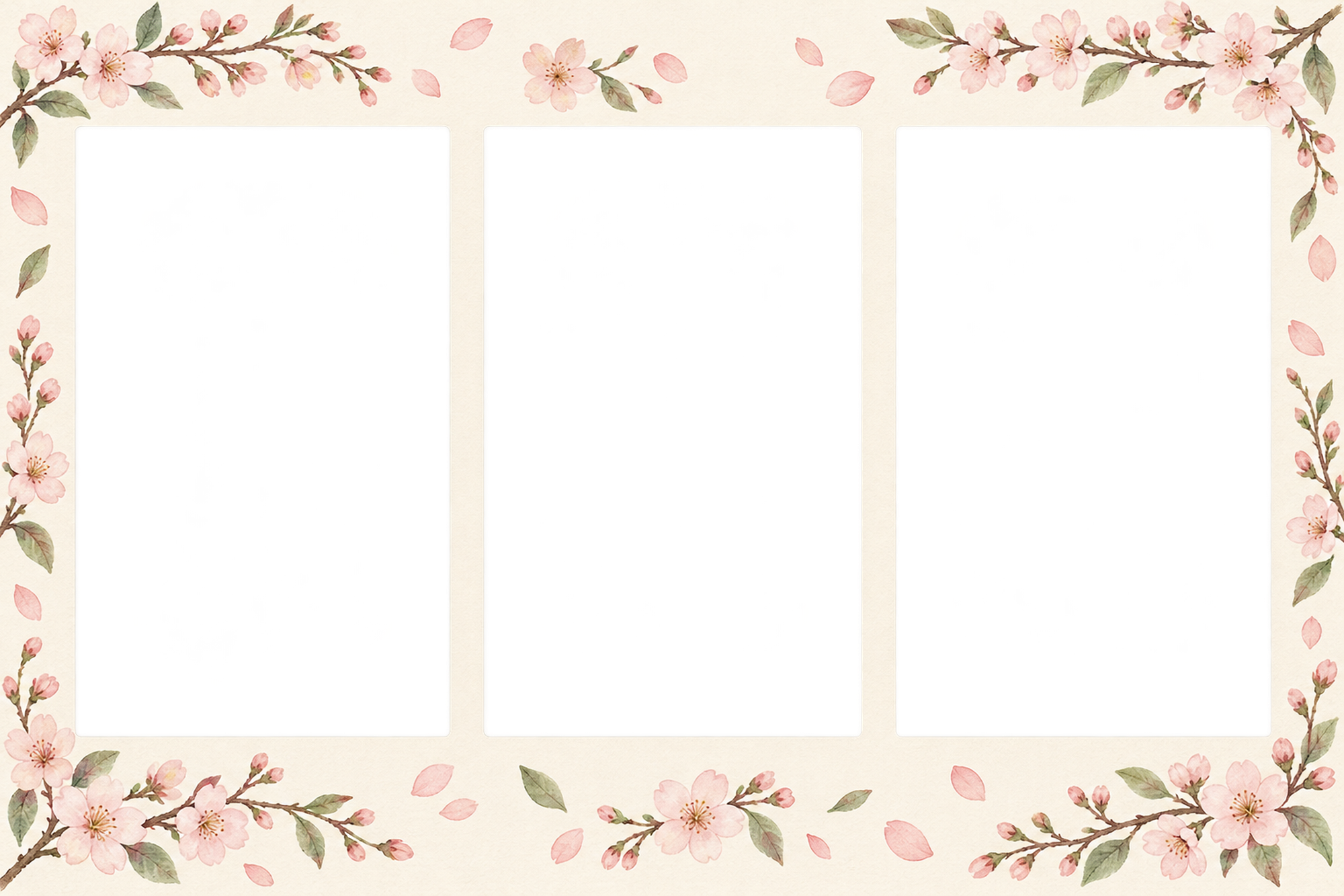 桜の写真フレーム｜桜と春のそよ風・横並びの写真3枚の無料イラスト素材 101755に写真・文字を入れる