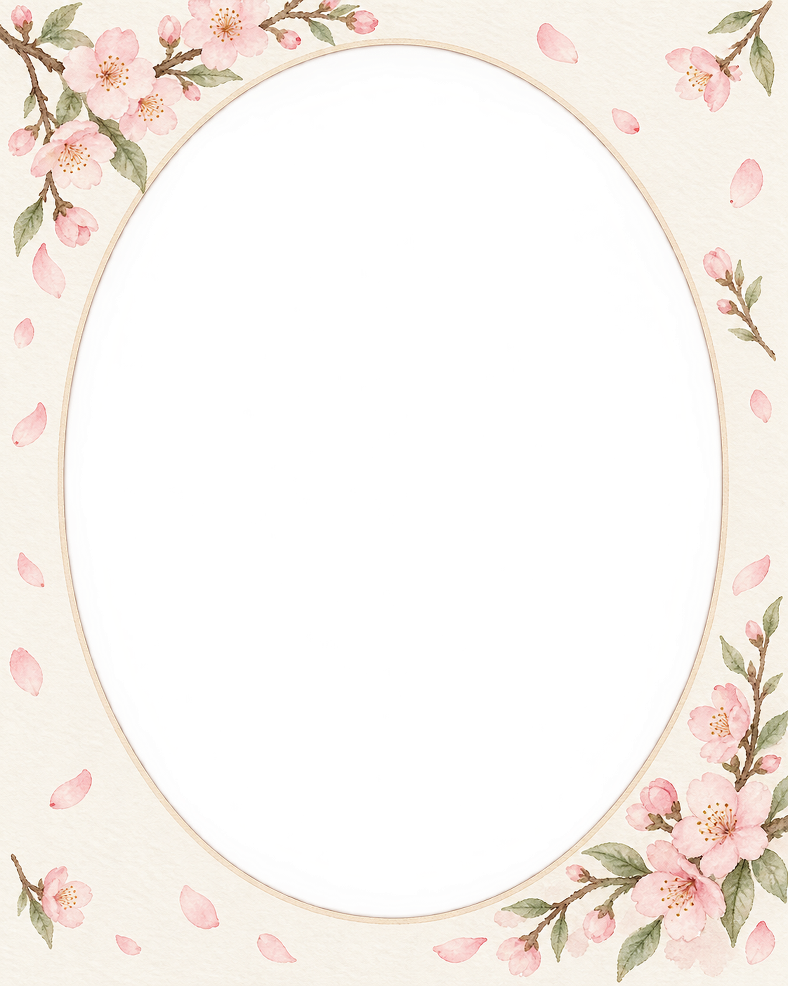桜の写真フレーム｜桜と春のそよ風・縦長楕円の無料イラスト素材 101756に写真・文字を入れる