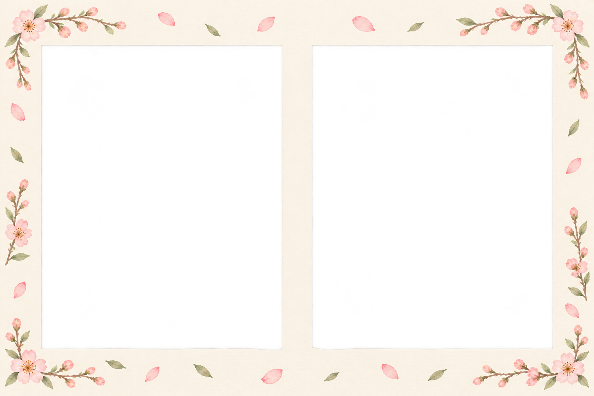 桜の写真フレーム｜桜と春のそよ風・横長の写真2枚の無料イラスト素材 101758に写真・文字を入れる