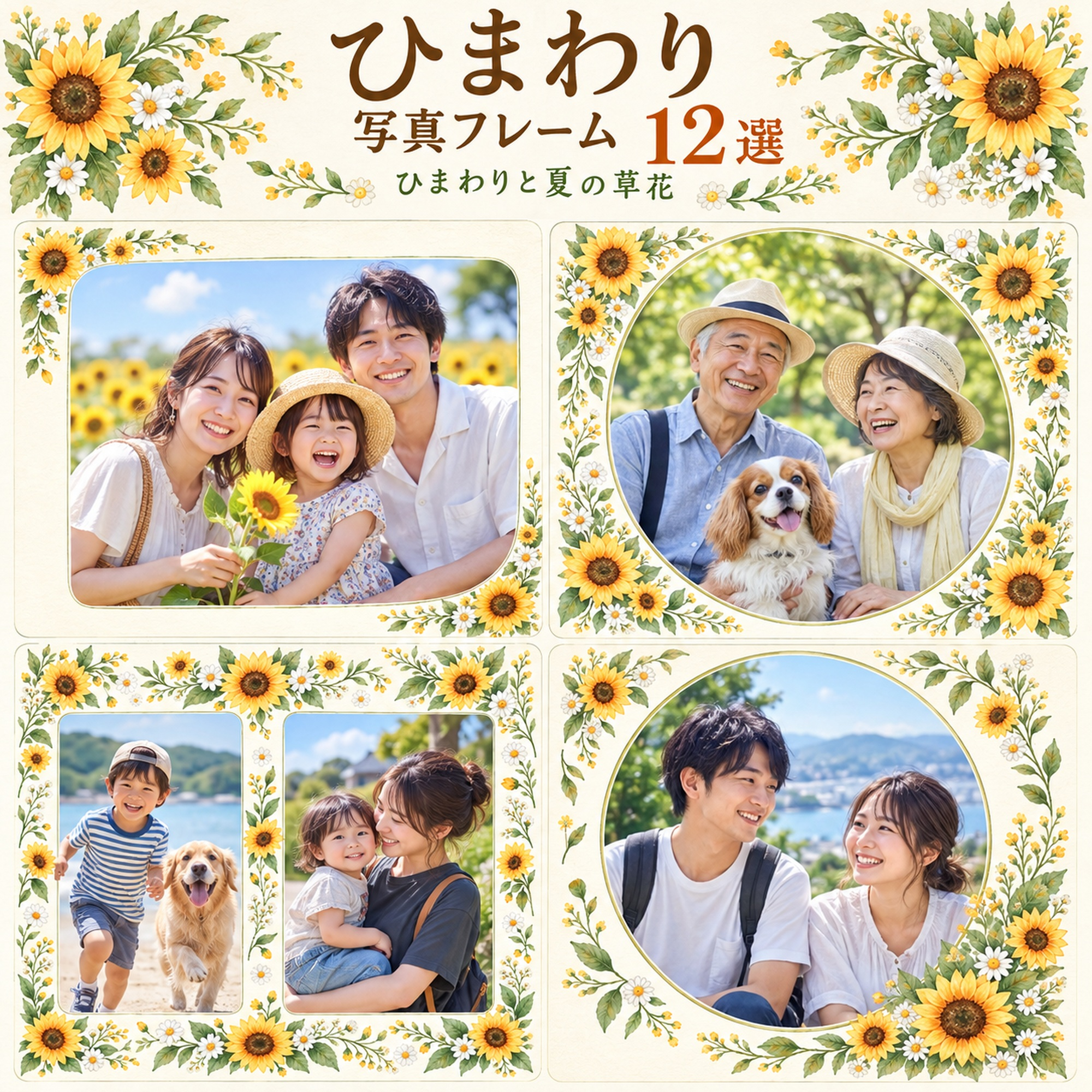 ひまわりの写真フレーム12選｜ひまわりと夏の草花の無料イラスト素材 101773に写真・文字を入れる